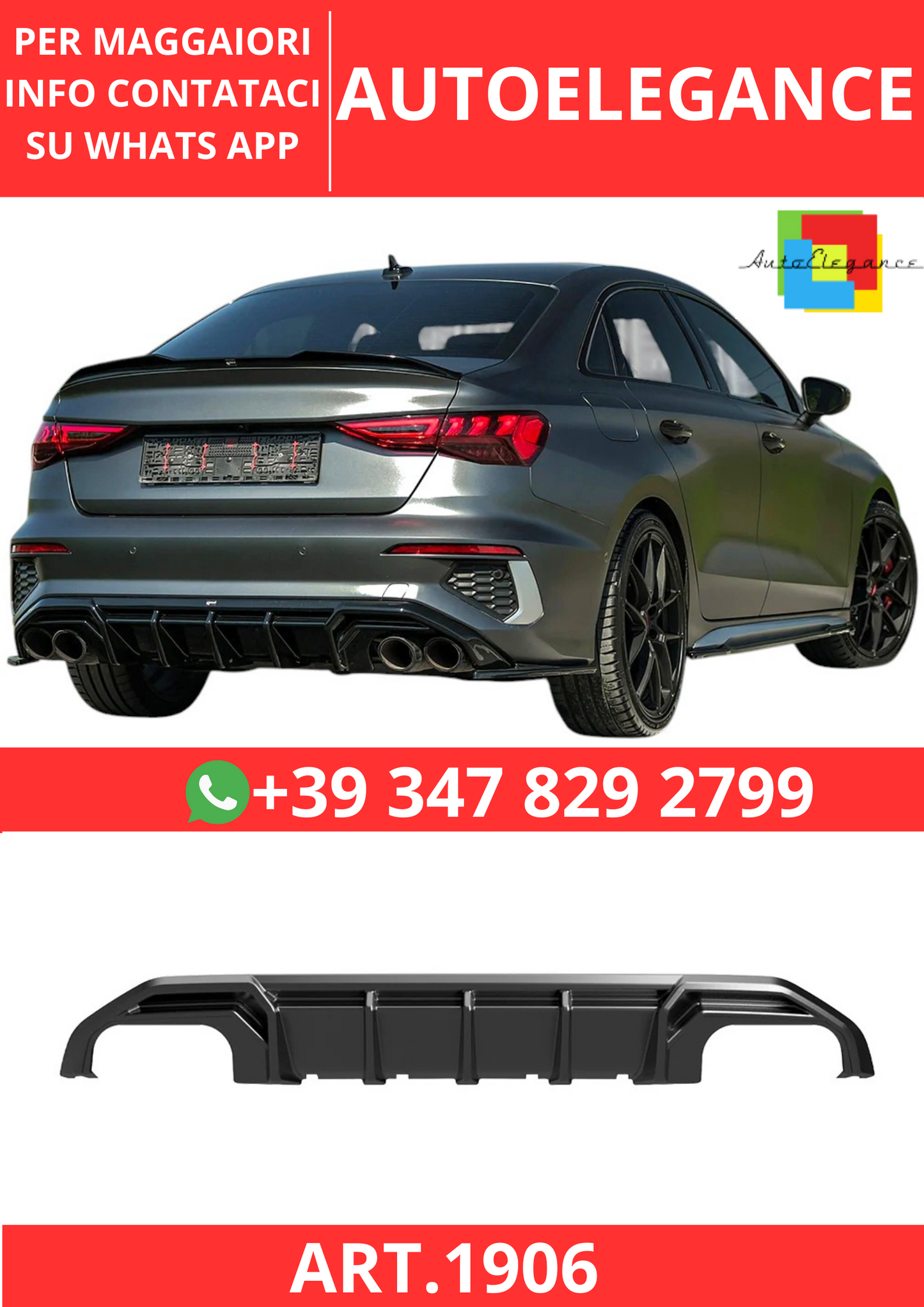 💫ART.1906 DIFFUSORE A3 8Y 2020+ SLINE S3 BERLINA + SPORTBACK NERO LUCIDO💫