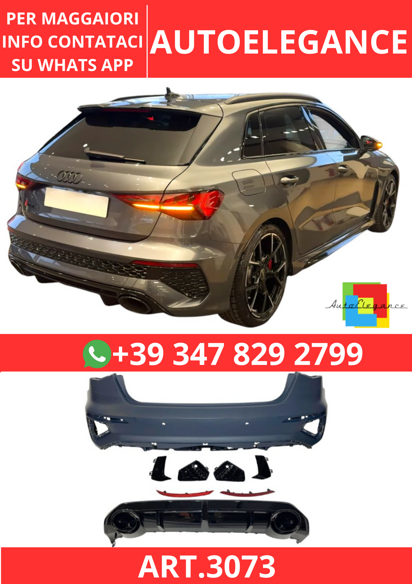 💫ART.3073 Paraurti Posteriore Audi A3 8Y Hatchback 2019-2024 Look RS3💫