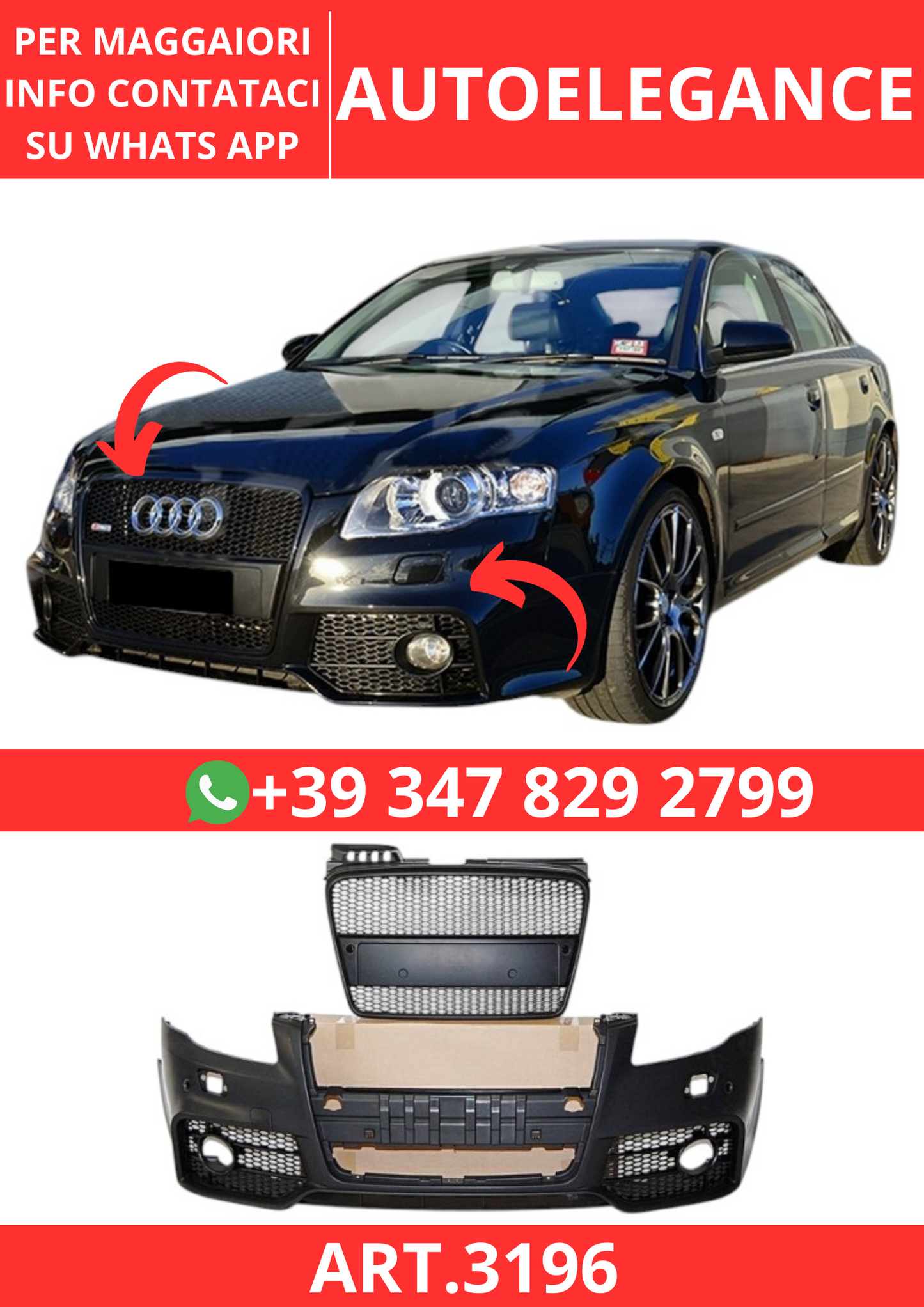 💫ART.3196 Paraurti Anteriore Audi A4 B7 05-08 Look RS4💫