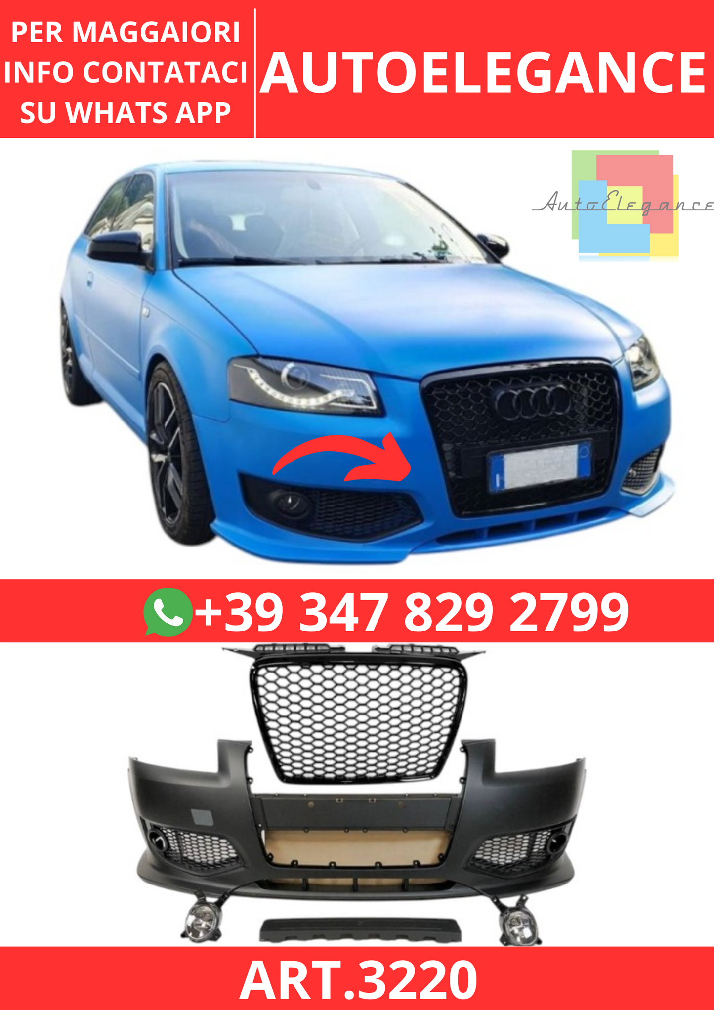 💫ART.3220 Paraurti Anteriori Audi A3 05-08 Look RS3 Black Fari Fendinebbia💫
