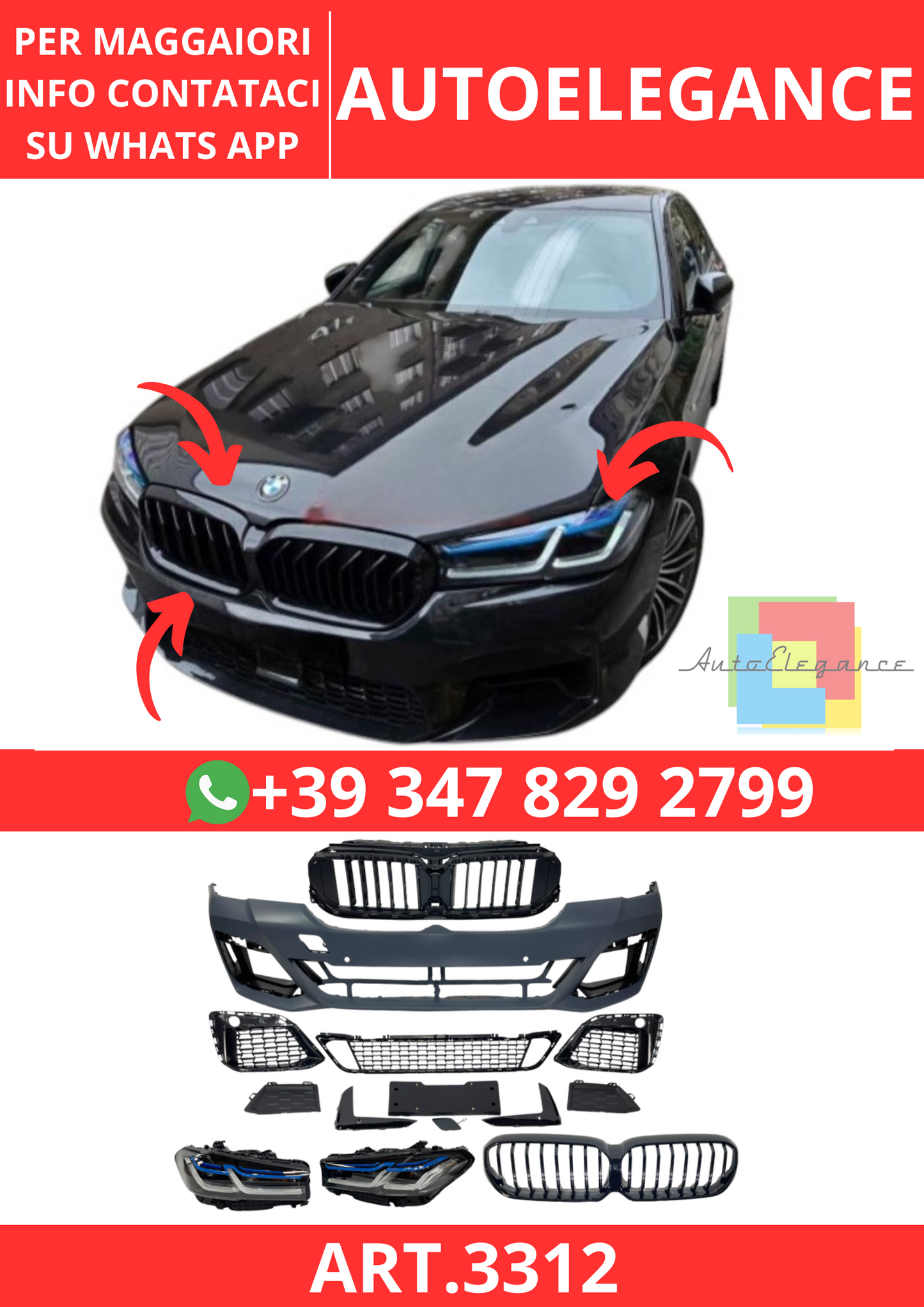 💫ART.3312 Paraurti + Fari Anteriori BMW G30 / G31 2017-2019 Look LCI M-Tech💫