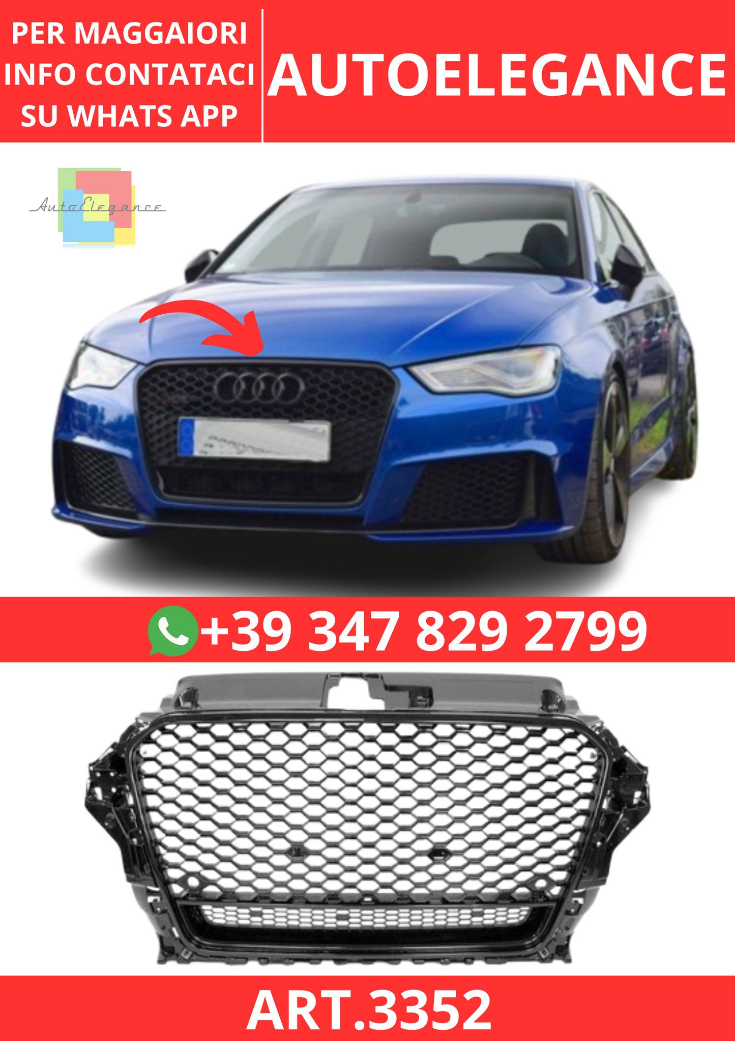 💫ART.3352 Griglia Audi A3 V8 Look RS3 2013-2015 Mod 2💫