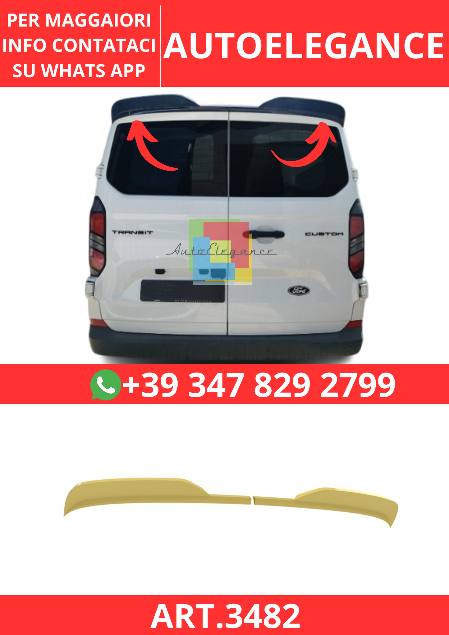 💫ART.3482 Spoiler Tetto per Ford Transit Custom Mk2 / Volkswagen T7 2023/2024💫