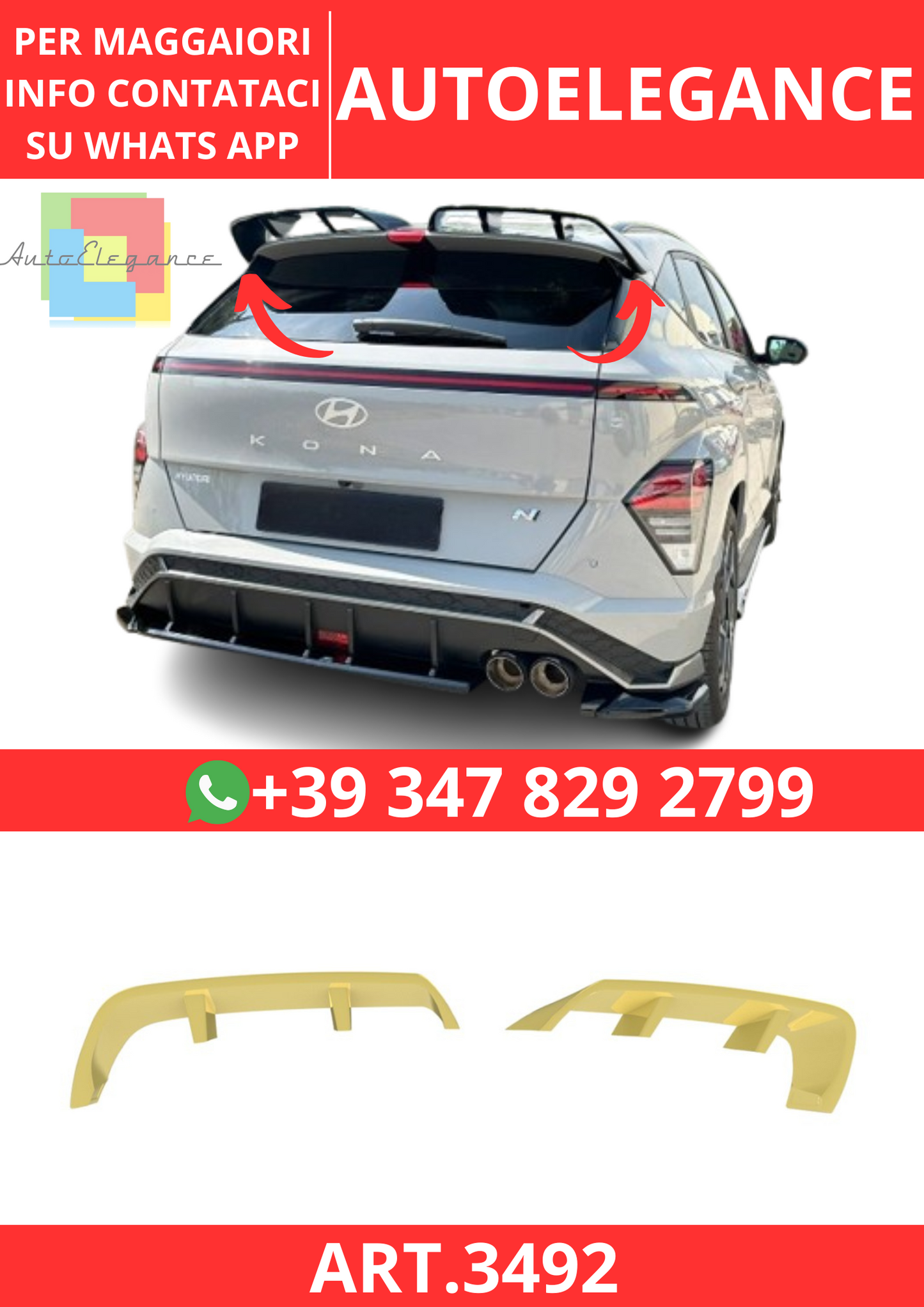 💫ART.3492 Spoiler Tetto Hyundai Kona N-Line Mk2 2023+💫