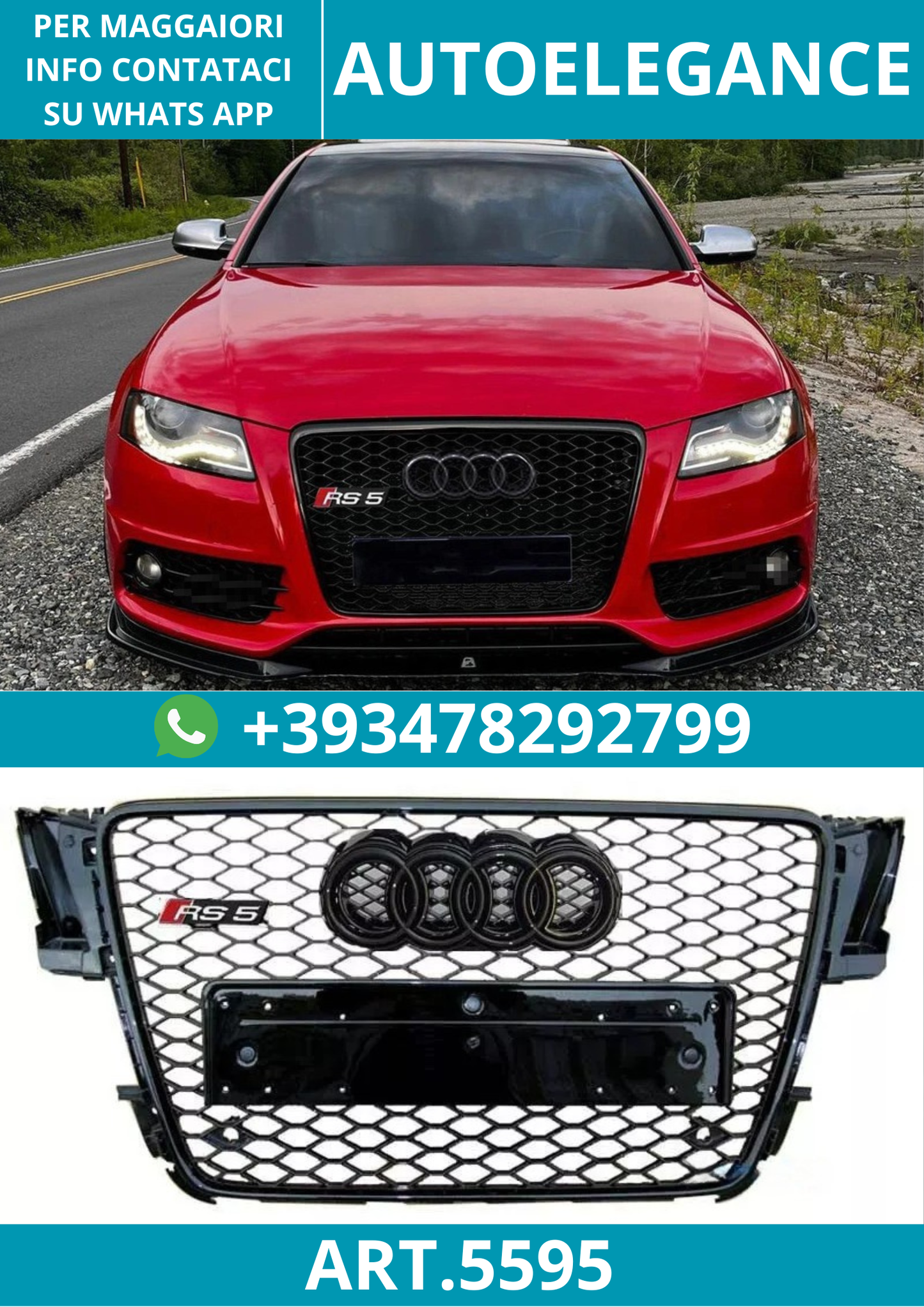 🔥ART.5595 GRIGLIA ANTERIORE RS5 NERO LUCIDO PER AUDI A5 B8 8K (2007–2011)🔥