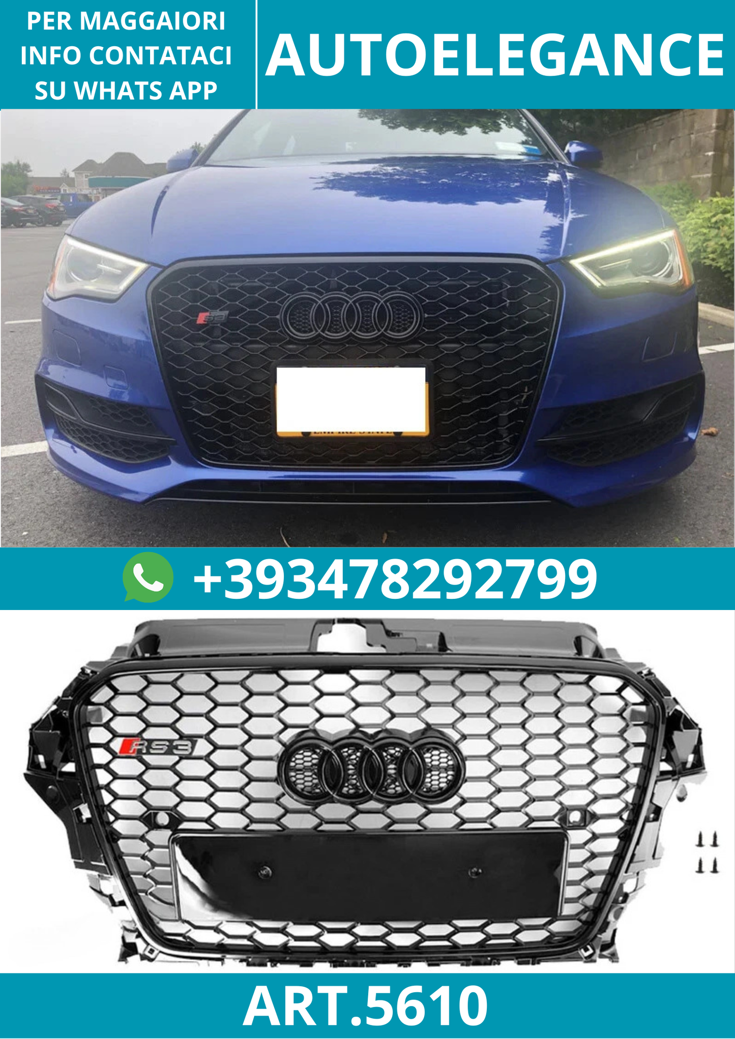 🔥ART.5610 GRIGLIA RS STYLE A NIDO D’APE NERA PER AUDI A3 / S3 8V 2013–2016🔥