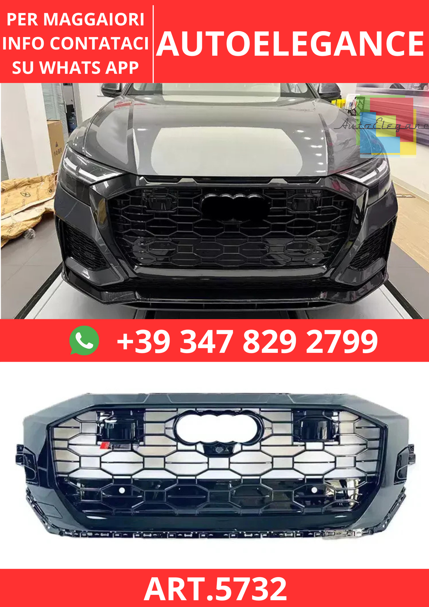 🔥ART.5732 GRIGLIA ANTERIORE RSQ8 A NIDO D’APE NERA PER AUDI Q8 / SQ8 19–24🔥
