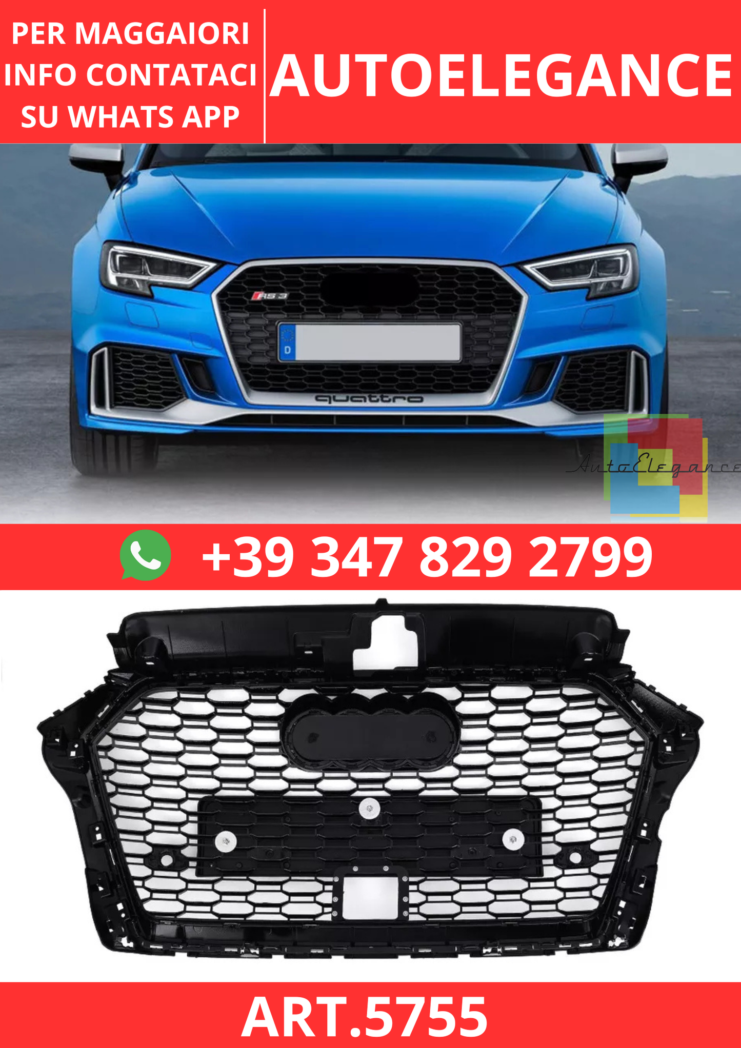 🔥ART.5755 GRIGLIA ANTERIORE RS3 A NIDO D’APE PER AUDI A3 8V 2017–2020🔥