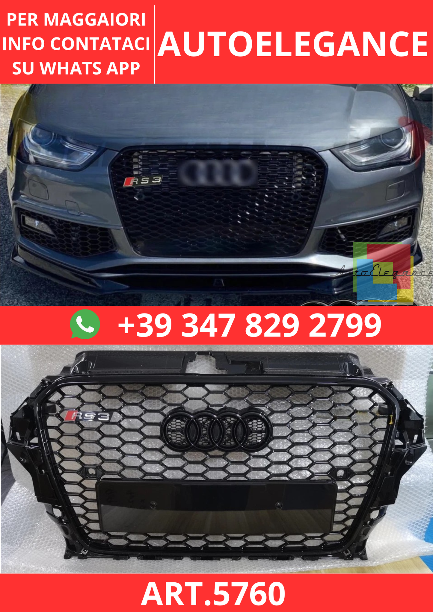 🔥ART.5760 GRIGLIA ANTERIORE RS3 A NIDO D’APE NERA PER AUDI A3 S-LINE 13–16🔥