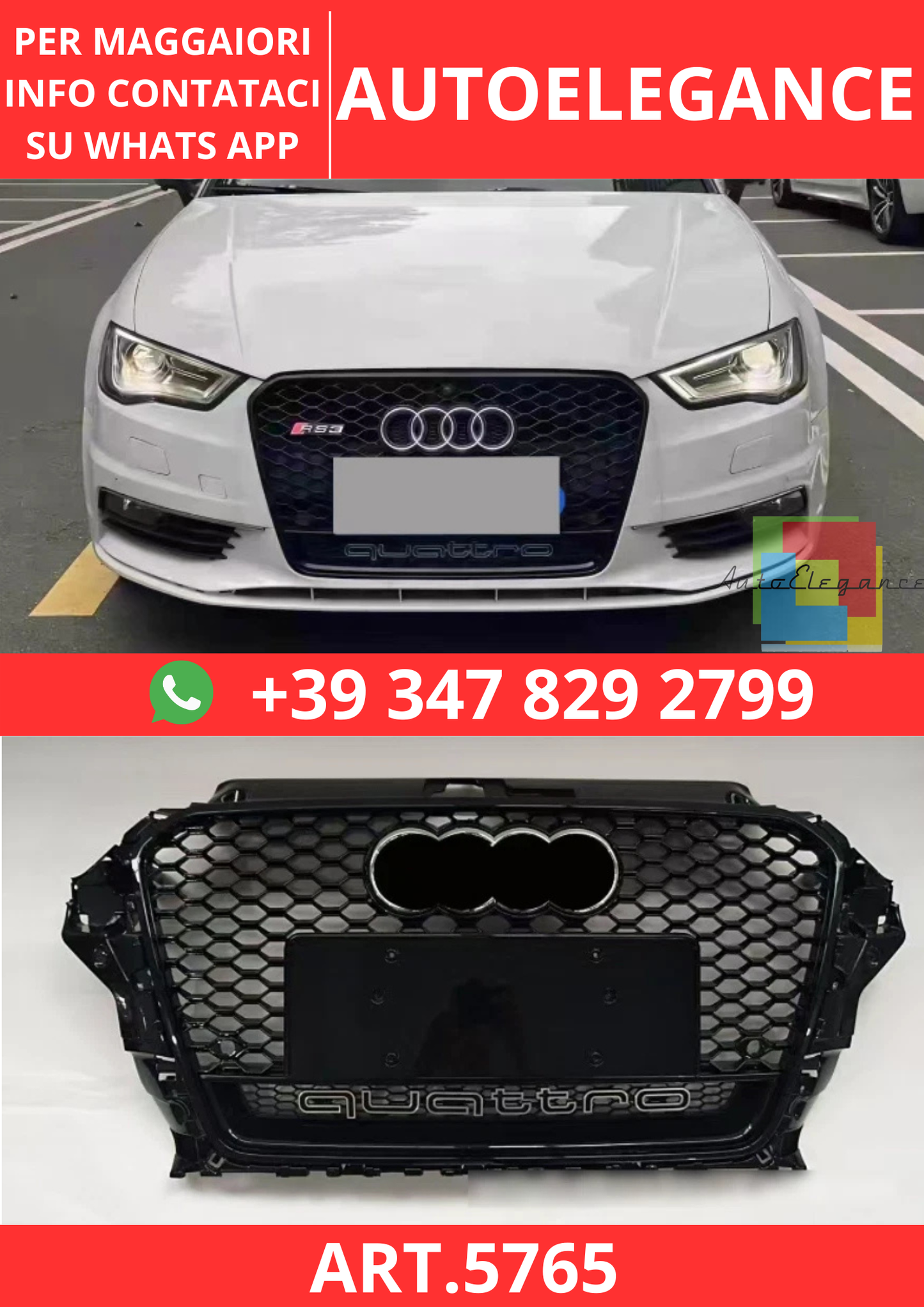 🔥ART.5765 GRIGLIA ANTERIORE PER AUDI A3 8V / S3 S-LINE 2013–2016🔥