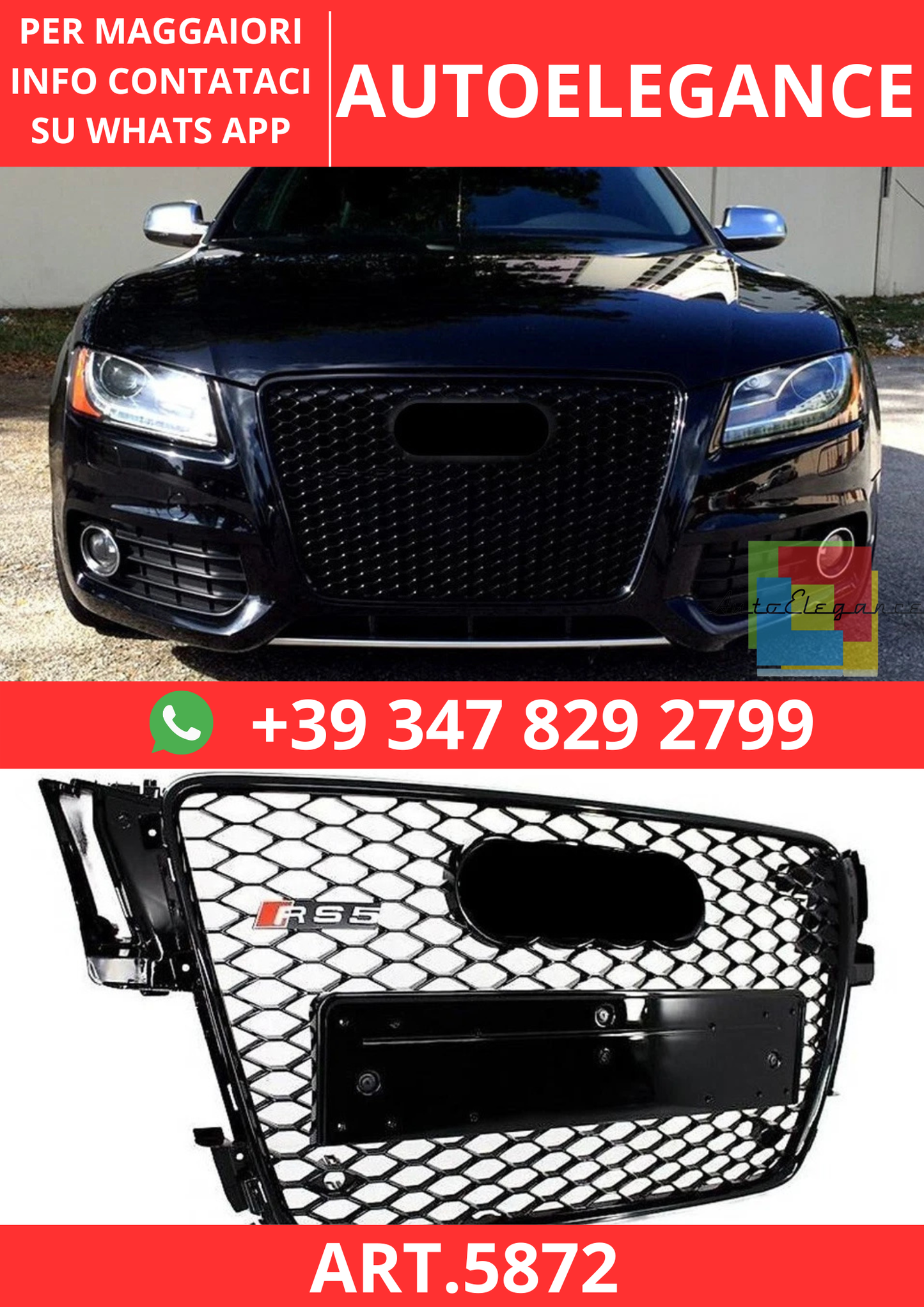 🔥ART.5872 GRIGLIA ANTERIORE NERO LUCIDO PER AUDI A5 B8 / S5 S-LINE 2007–2011🔥