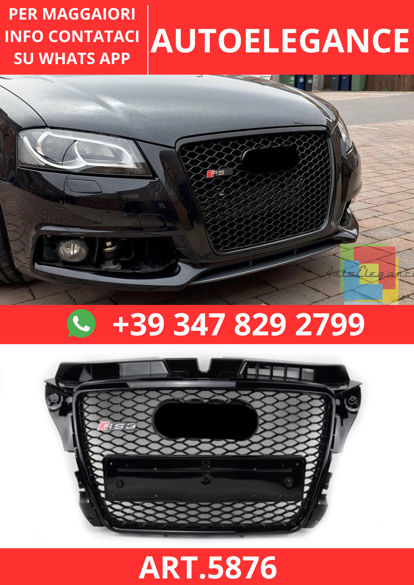🔥ART.5876 GRIGLIA ANTERIORE NERO LUCIDO PER AUDI A3 8P / S3 S-LINE 2009–2012🔥