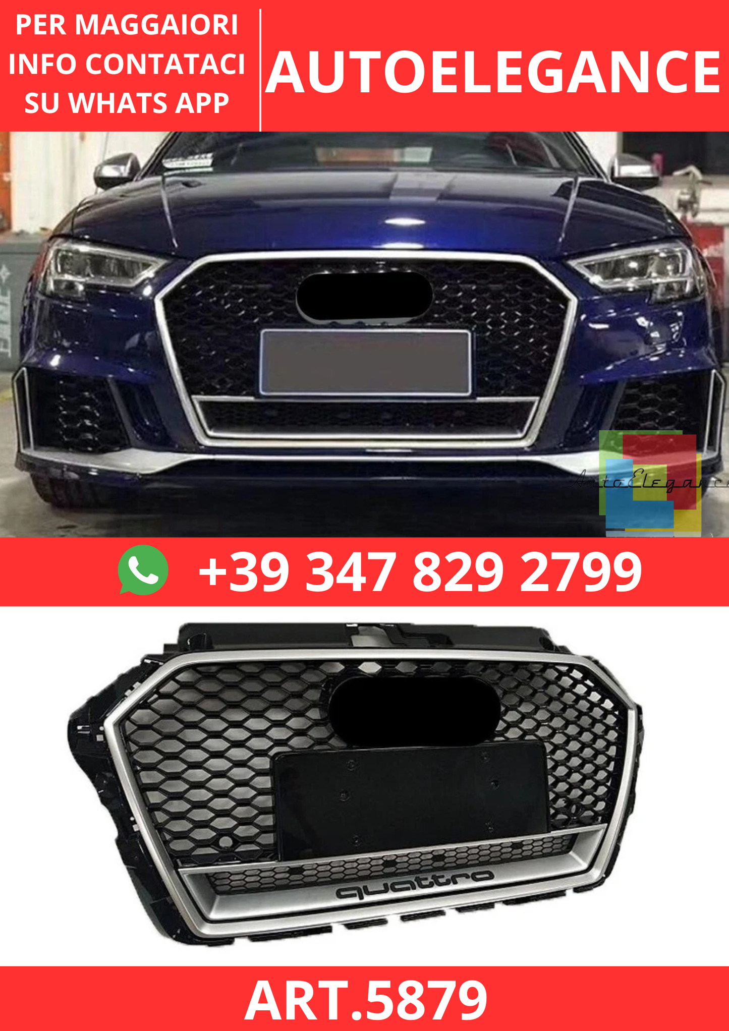 🔥ART.5879 GRIGLIA ANTERIORE RS NERA PER AUDI A3 8V2 / S3 S-LINE 2017–2020🔥