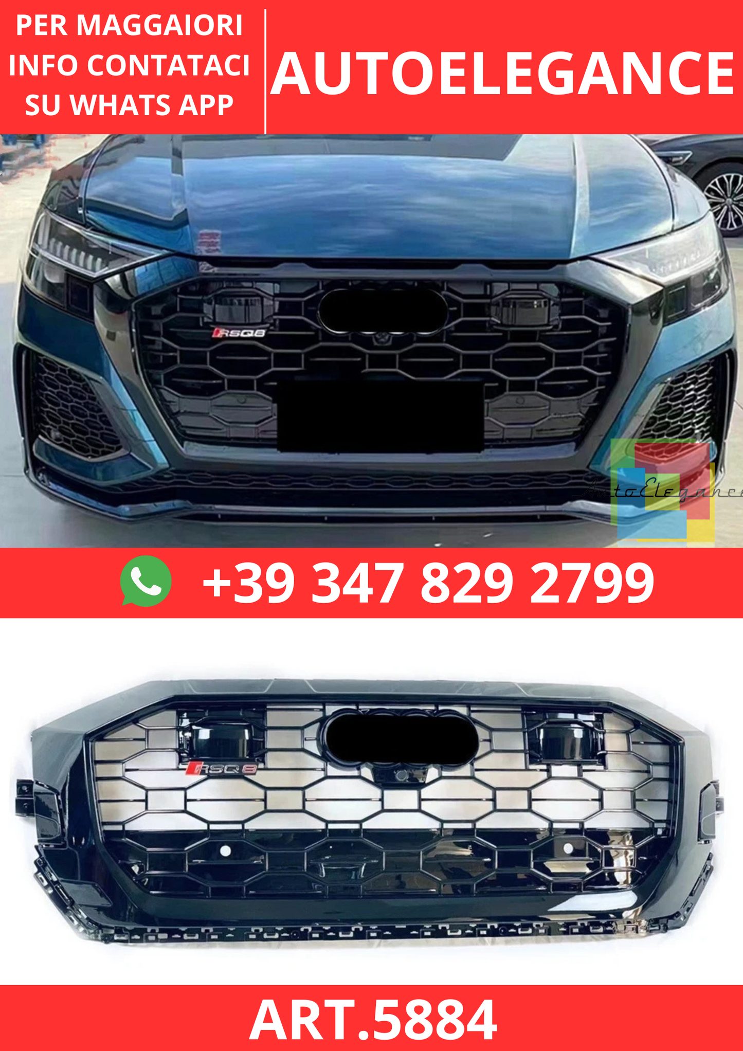 🔥ART.5884 GRIGLIA ANTERIORE NERO LUCIDO PER AUDI Q8 4M / SQ8 2019–2024🔥