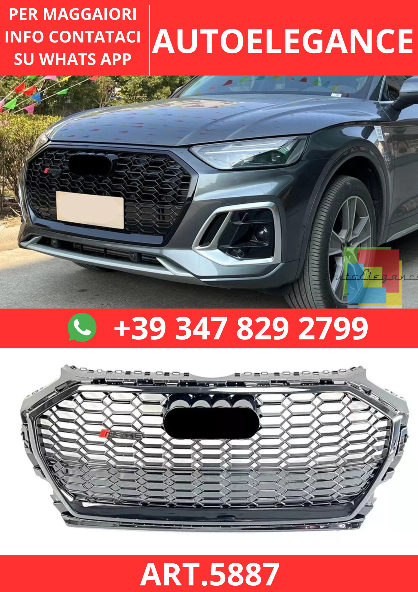 🔥ART.5887 GRIGLIA ANTERIORE RS NERO LUCIDO PER AUDI Q5 FY/SQ5 2021–2024🔥