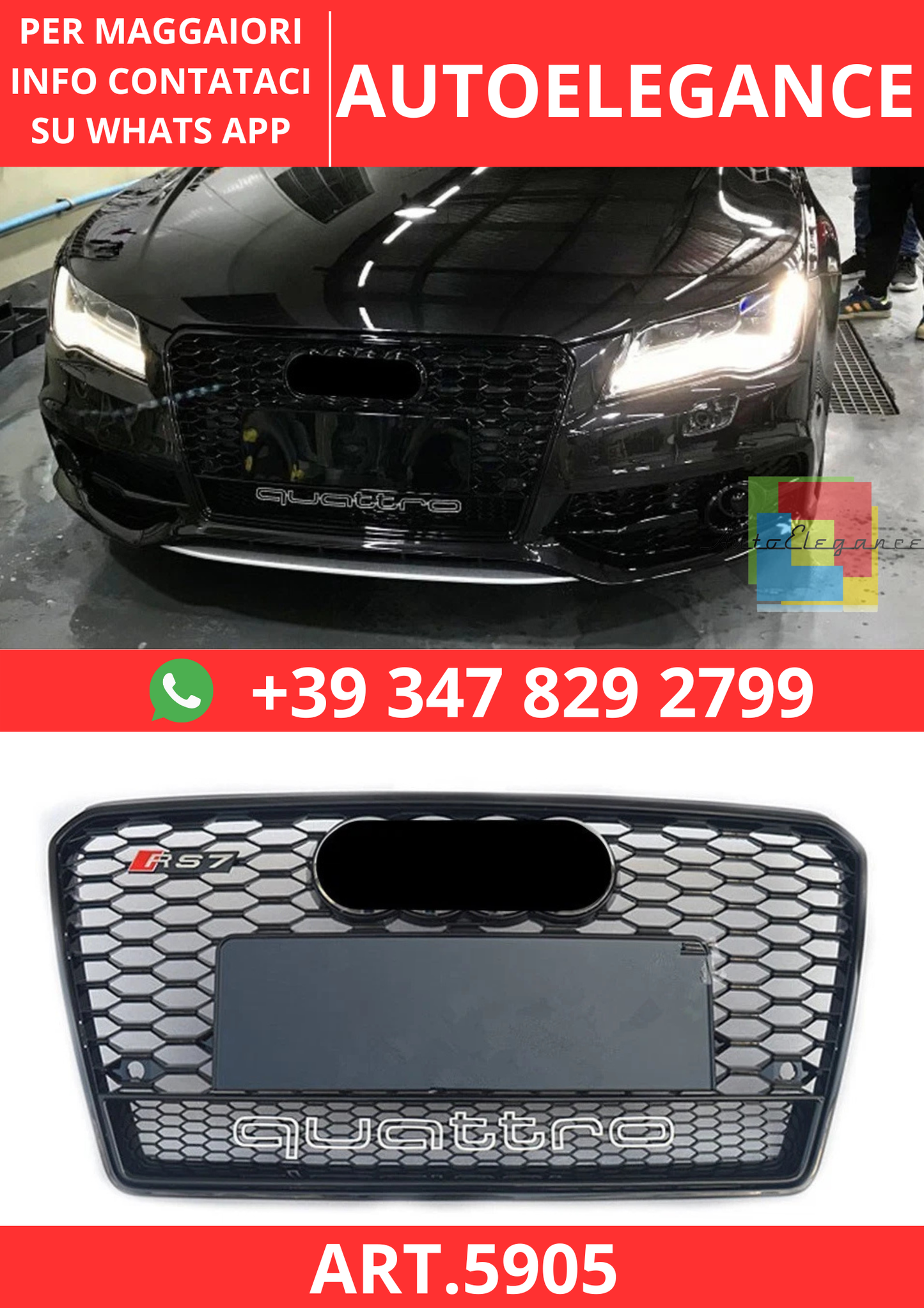 🔥ART.5905 GRIGLIA ANTERIORE RS NERO LUCIDO PER AUDI A7 C7 / S7 2010–2014🔥