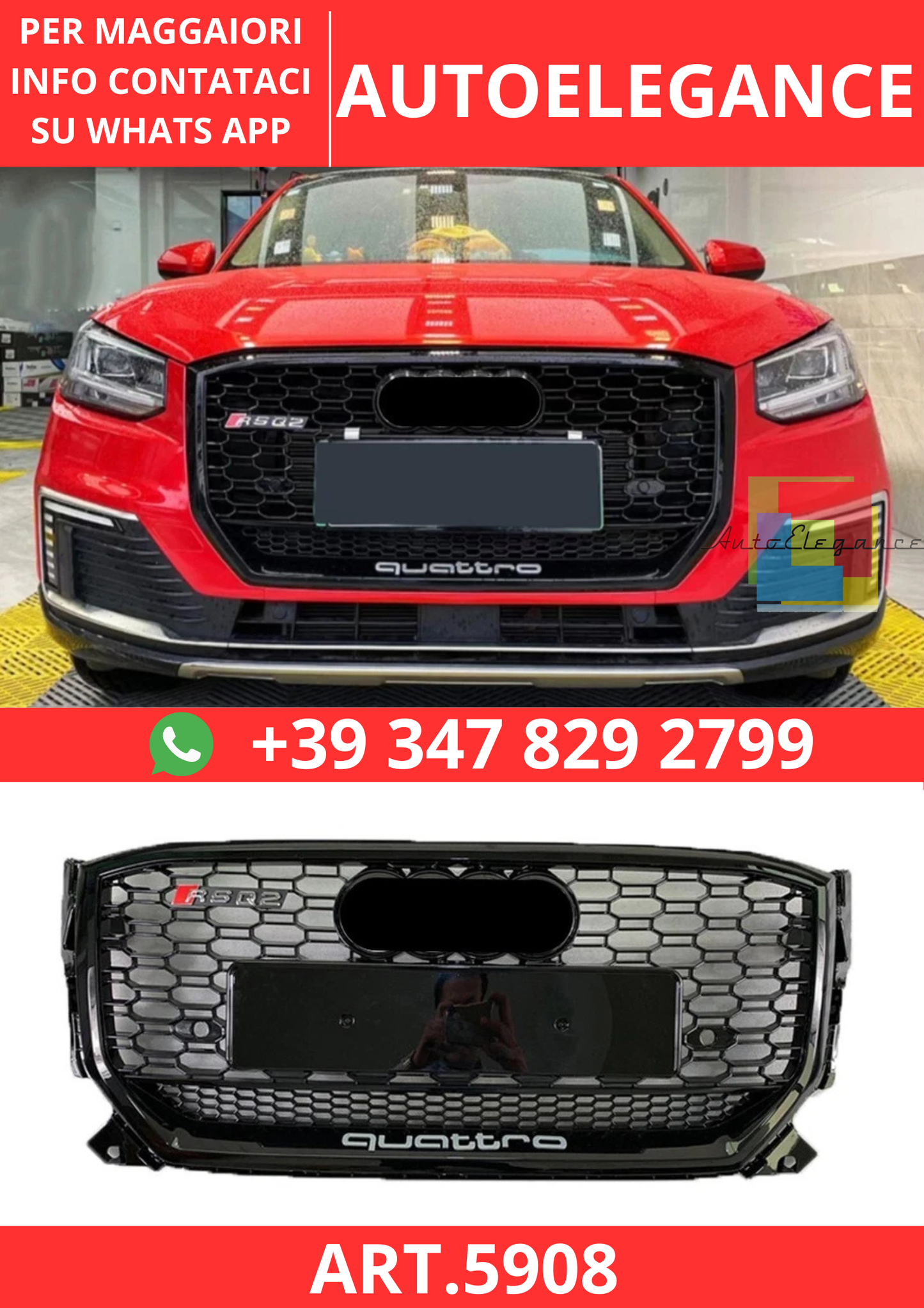 🔥ART.5908 GRIGLIA ANTERIORE NERO LUCIDO PER AUDI Q2/SQ2 2016–2020🔥