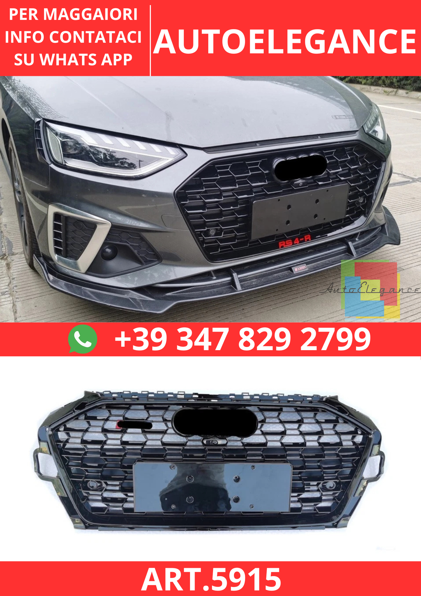 🔥ART.5915 GRIGLIA ANTERIORE NERO LUCIDO PER AUDI A4 B9.5/S4 S-LINE 2020–2024🔥
