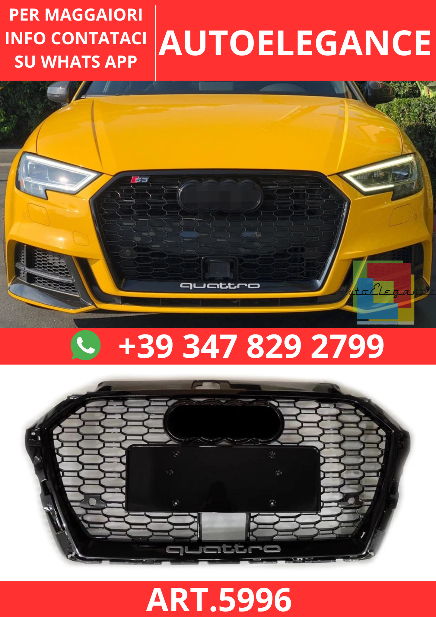 🔥ART.5996 GRIGLIA ANTERIORE NERO LUCIDO PER AUDI A3 8V2 / S3 S-LINE 2017–2020🔥