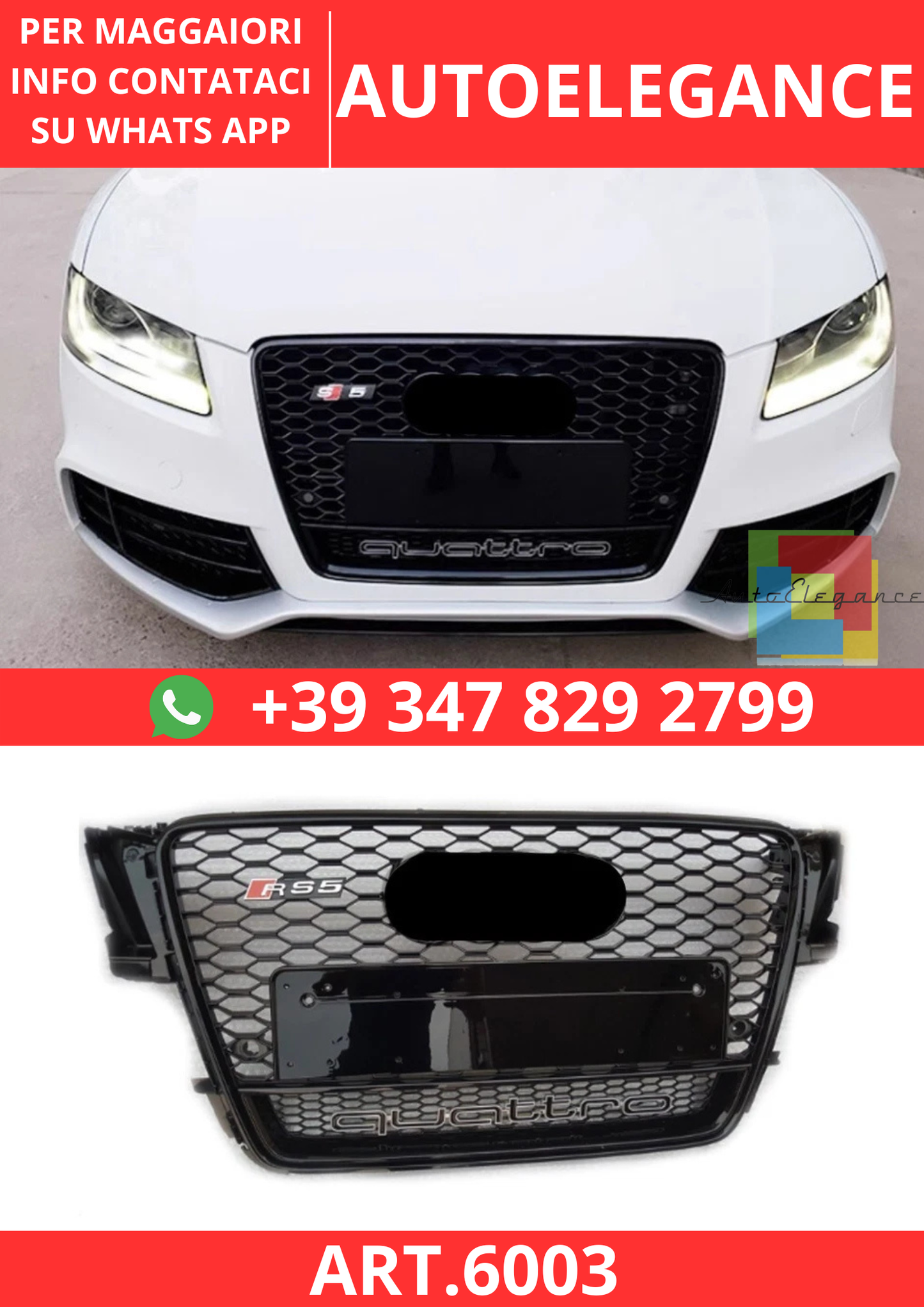 🔥ART.6003 GRIGLIA ANTERIORE RS NERO LUCIDO PER AUDI A5 B8 / S5 S-LINE 07–11🔥