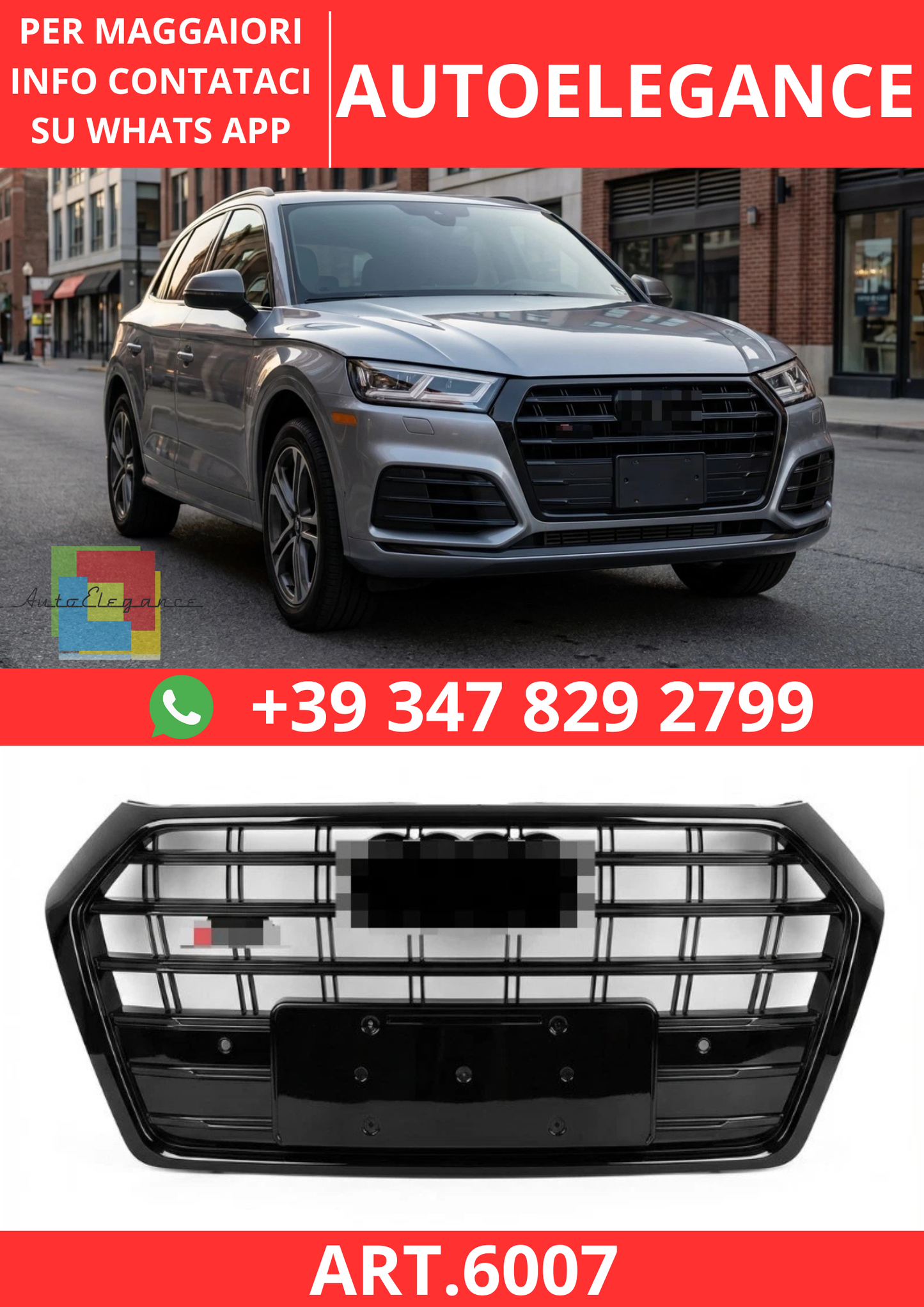 🔥ART.6007 GRIGLIA ANTERIORE NERO LUCIDO STILE SQ5 PER AUDI Q5 2016–2019🔥