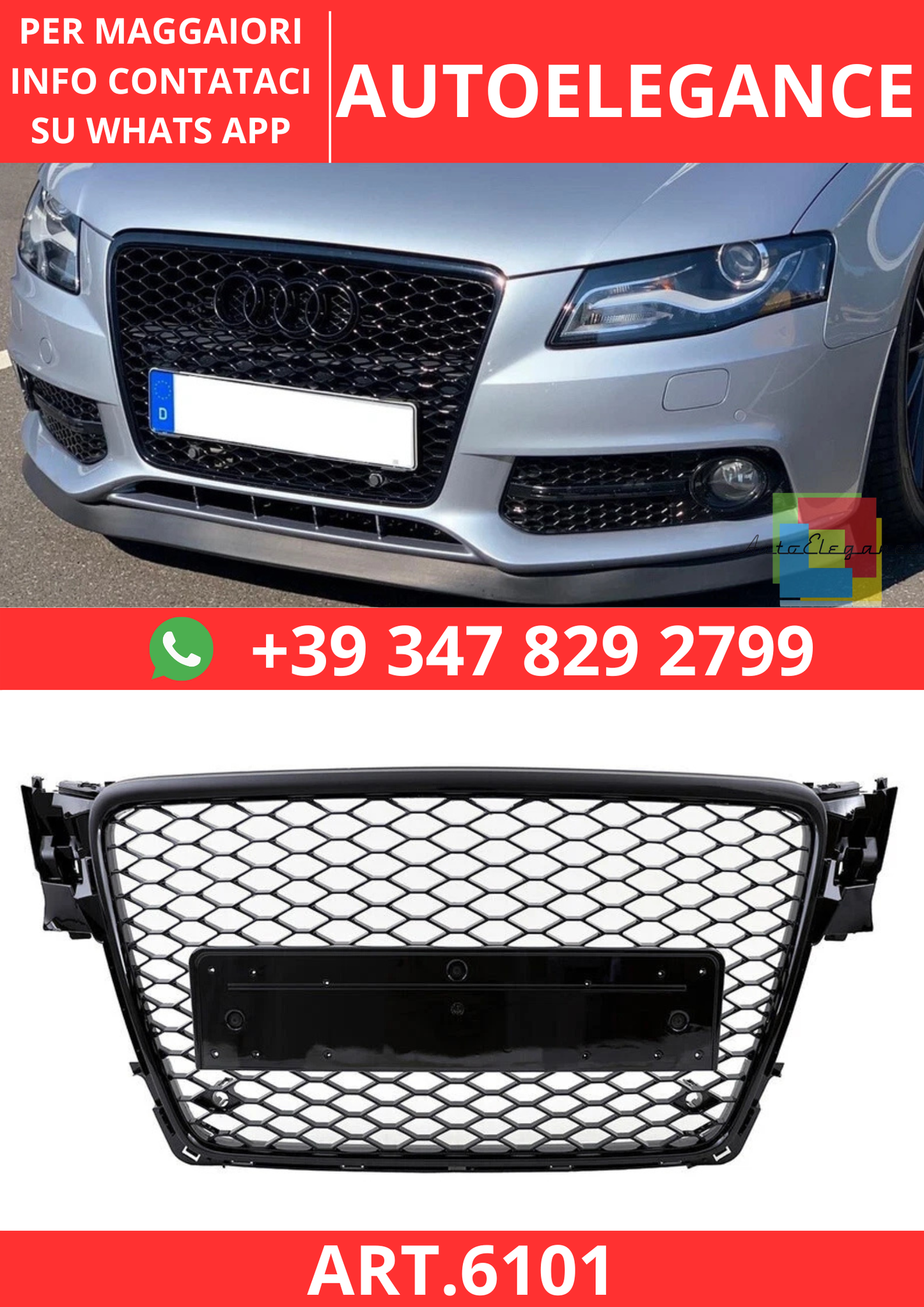 🔥ART.6101 GRIGLIA ANTERIORE NIDO D’APE NERO LUCIDO PER AUDI A4 B8 2008–2012🔥