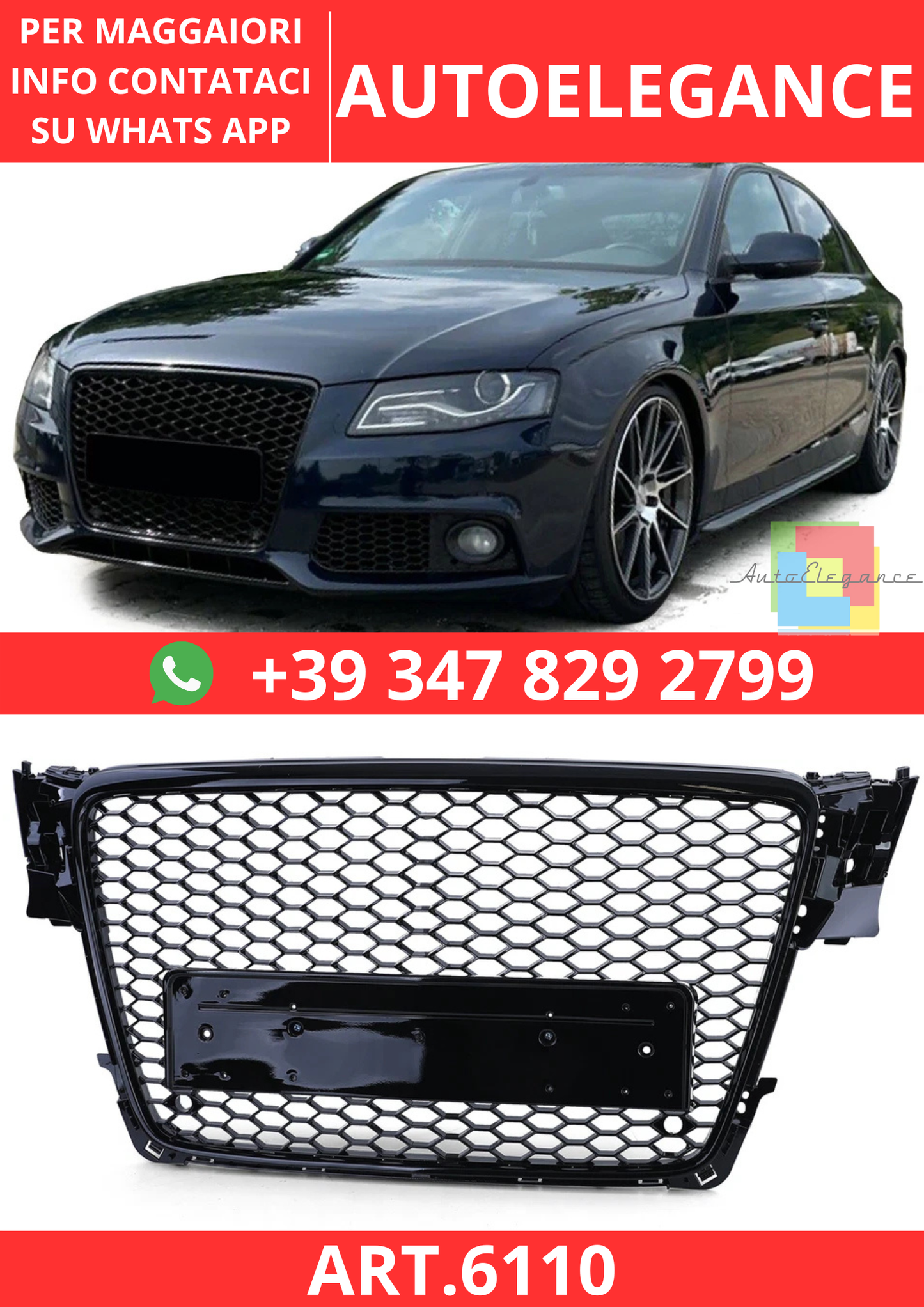 🔥ART.6110 GRIGLIA ANTERIORE A NIDO D’APE NERO LUCIDO PER AUDI A4 B8 8K 07–11🔥