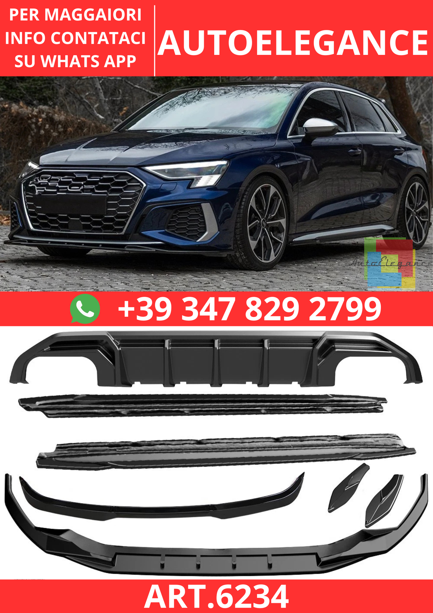🔥ART.6234 BODYKIT COMPATIBILE CON AUDI A3 S-LINE / S3 SPORTBACK 8Y 2020–2024🔥