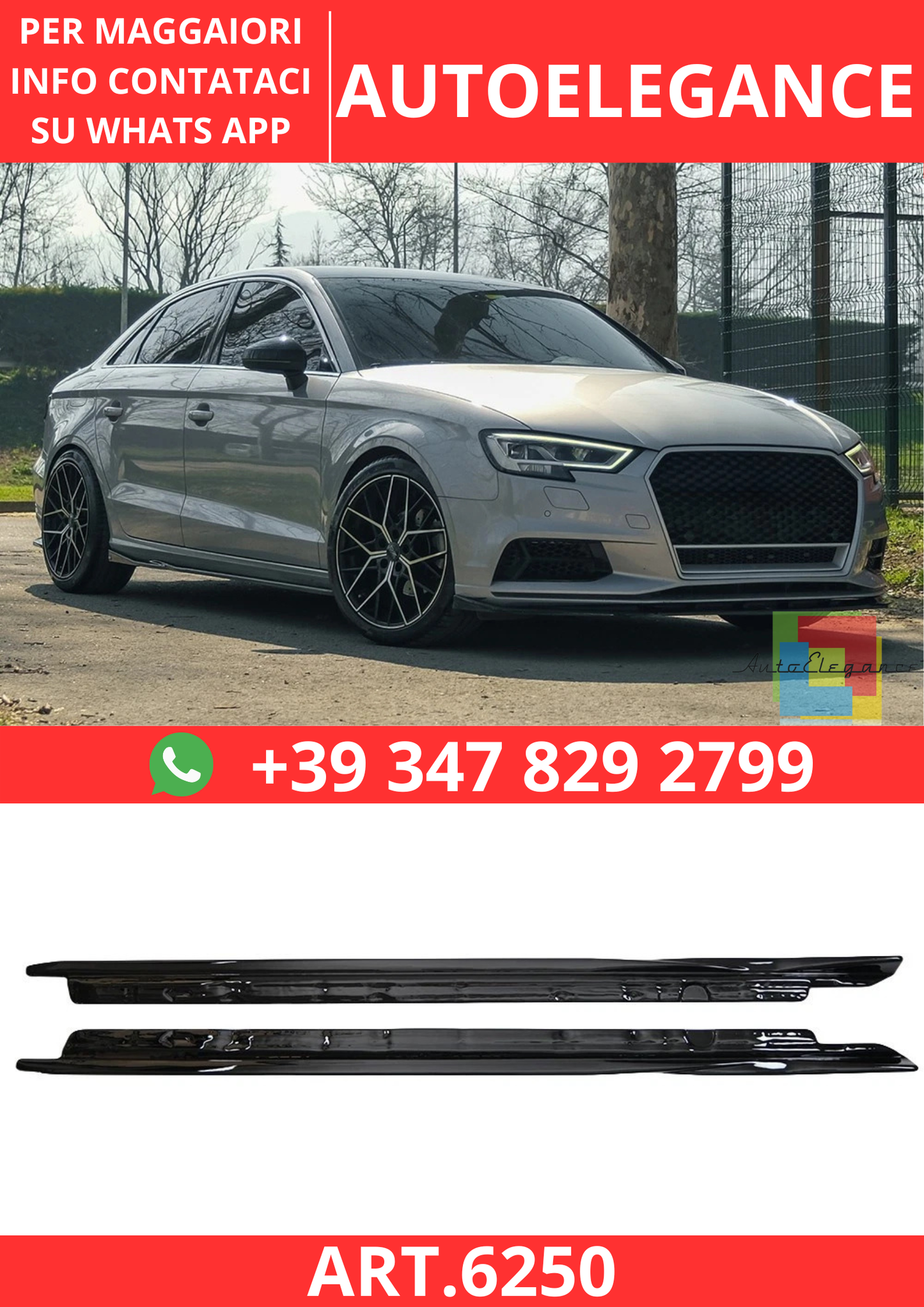 🔥ART.6250 MINIGONNE LATERALI PER AUDI A3 8V FACELIFT SEDAN 2016–2020🔥