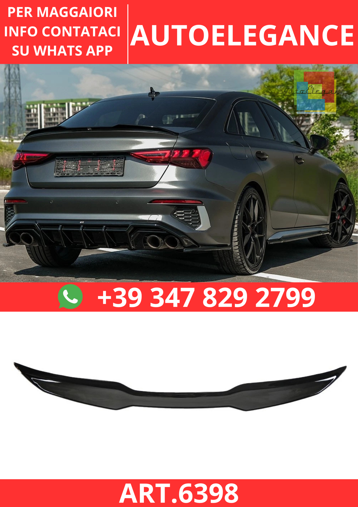 🔥ART.6398 SPOILER POSTERIORE PER AUDI A3/S3/RS3 8Y BERLINA 2020–2024🔥