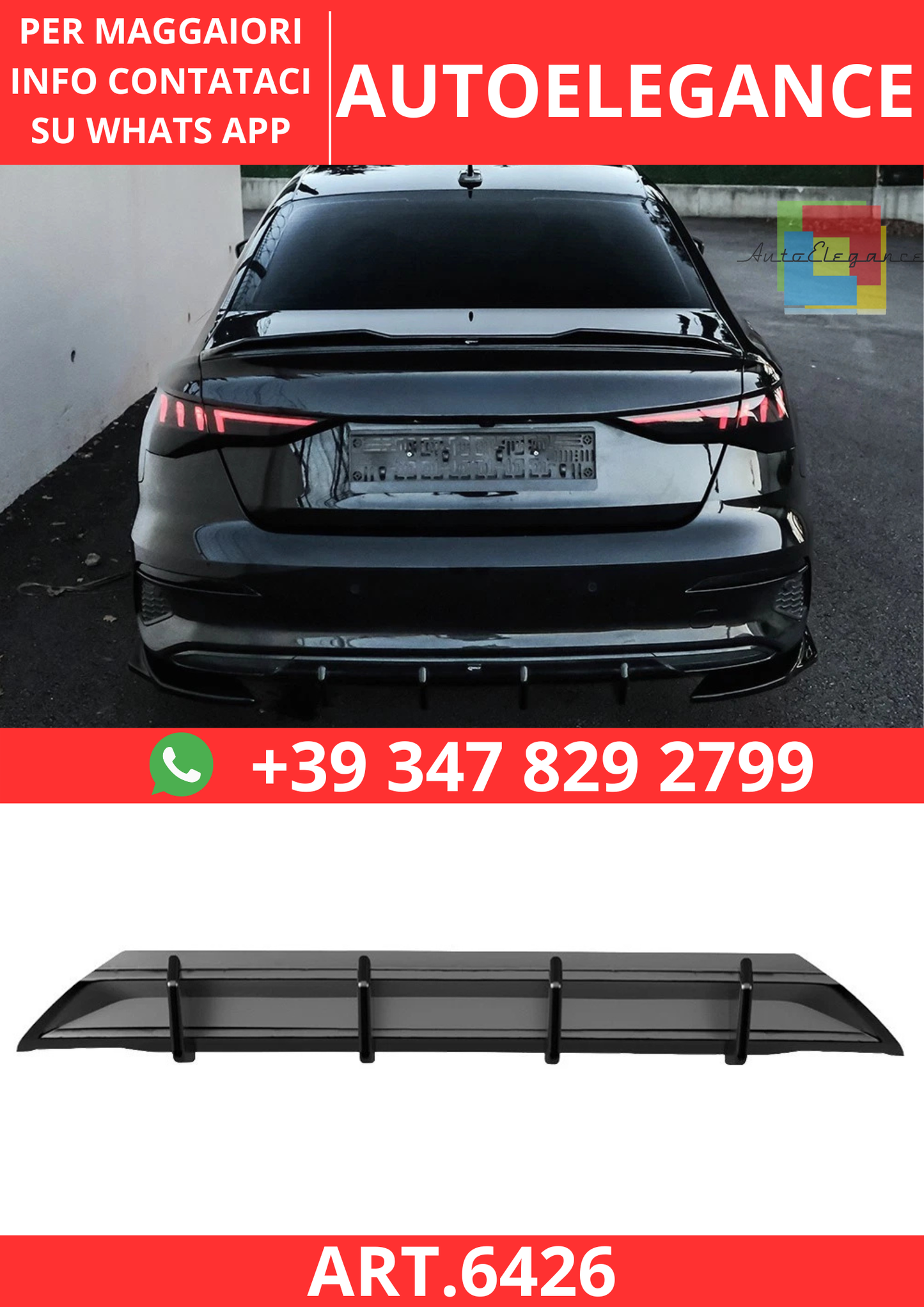 🔥ART.6426 DIFFUSORE ADATTO PER AUDI A3 8Y BERLINA / SPORTBACK 2020–2024🔥
