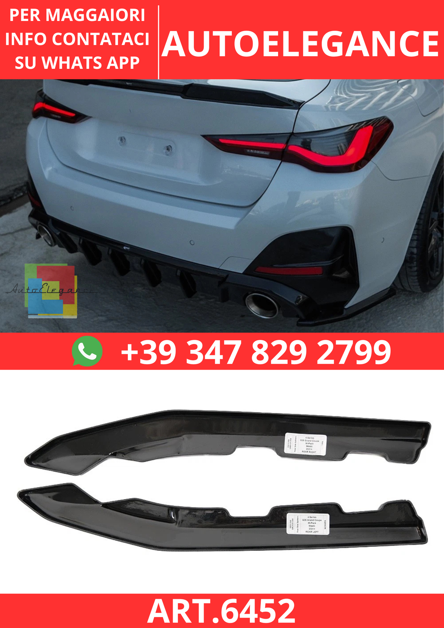 🔥ART.6452 SPLITTER POSTERIORE ADATTO PER BMW SERIE 4 G26 GRAND COUPÉ DAL 2021🔥