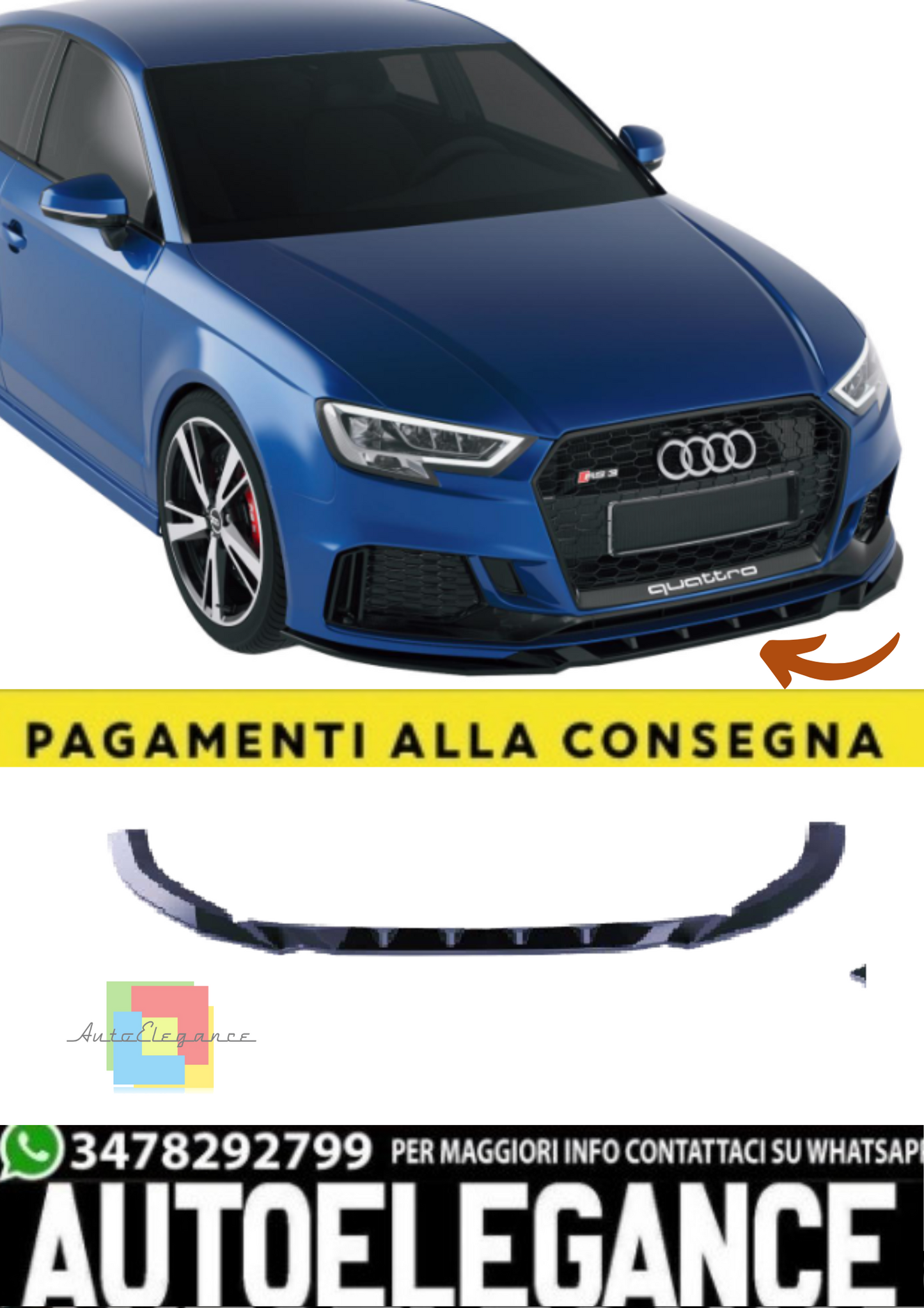 💫Splitter Anteriore per Audi RS3 8V Facelift Sportback (2017–2019) – Nero 💫