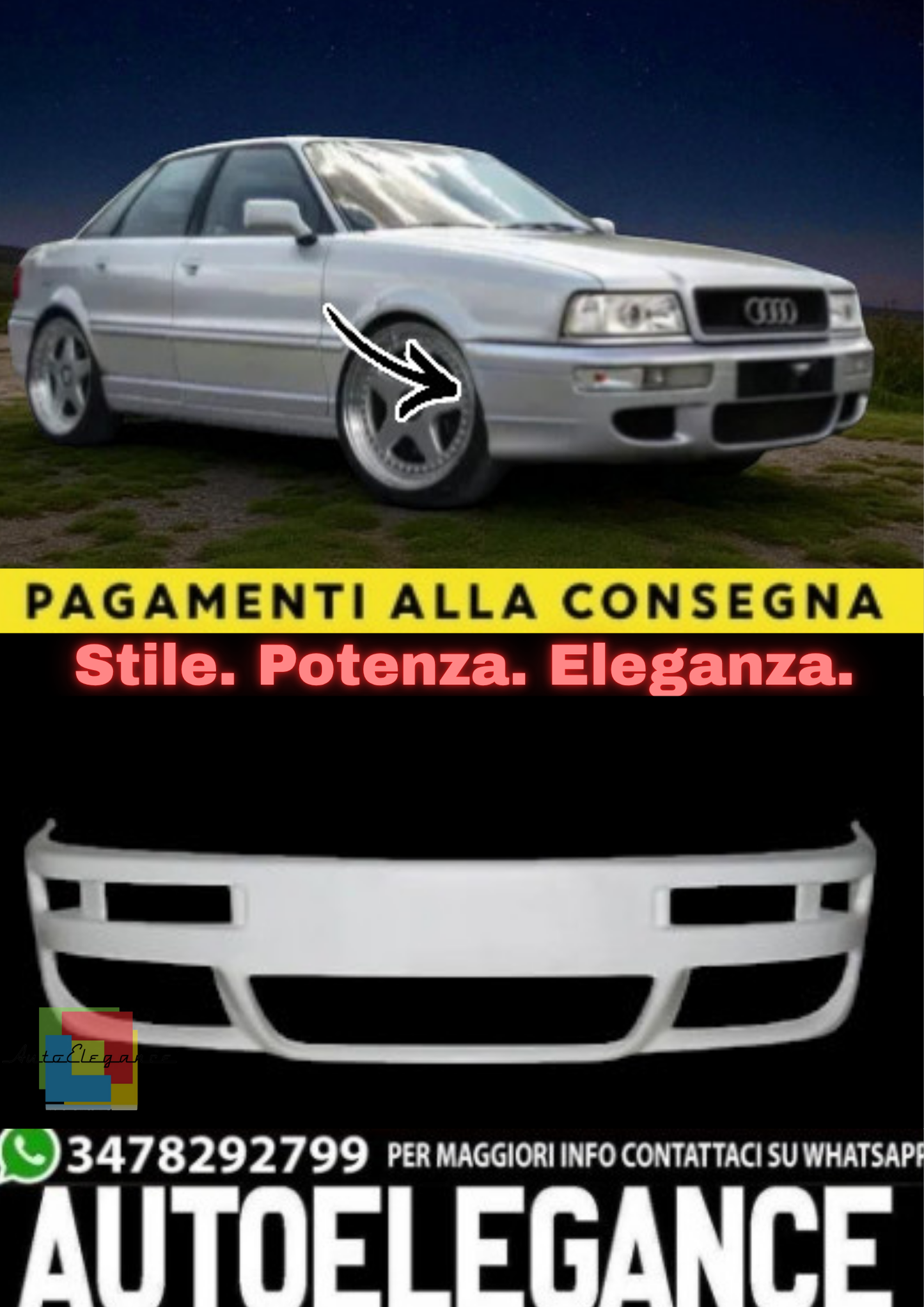 🔥 Paraurti Anteriore + Grembiule Inferiore per Audi 80 B4 (1991–1996)🔥