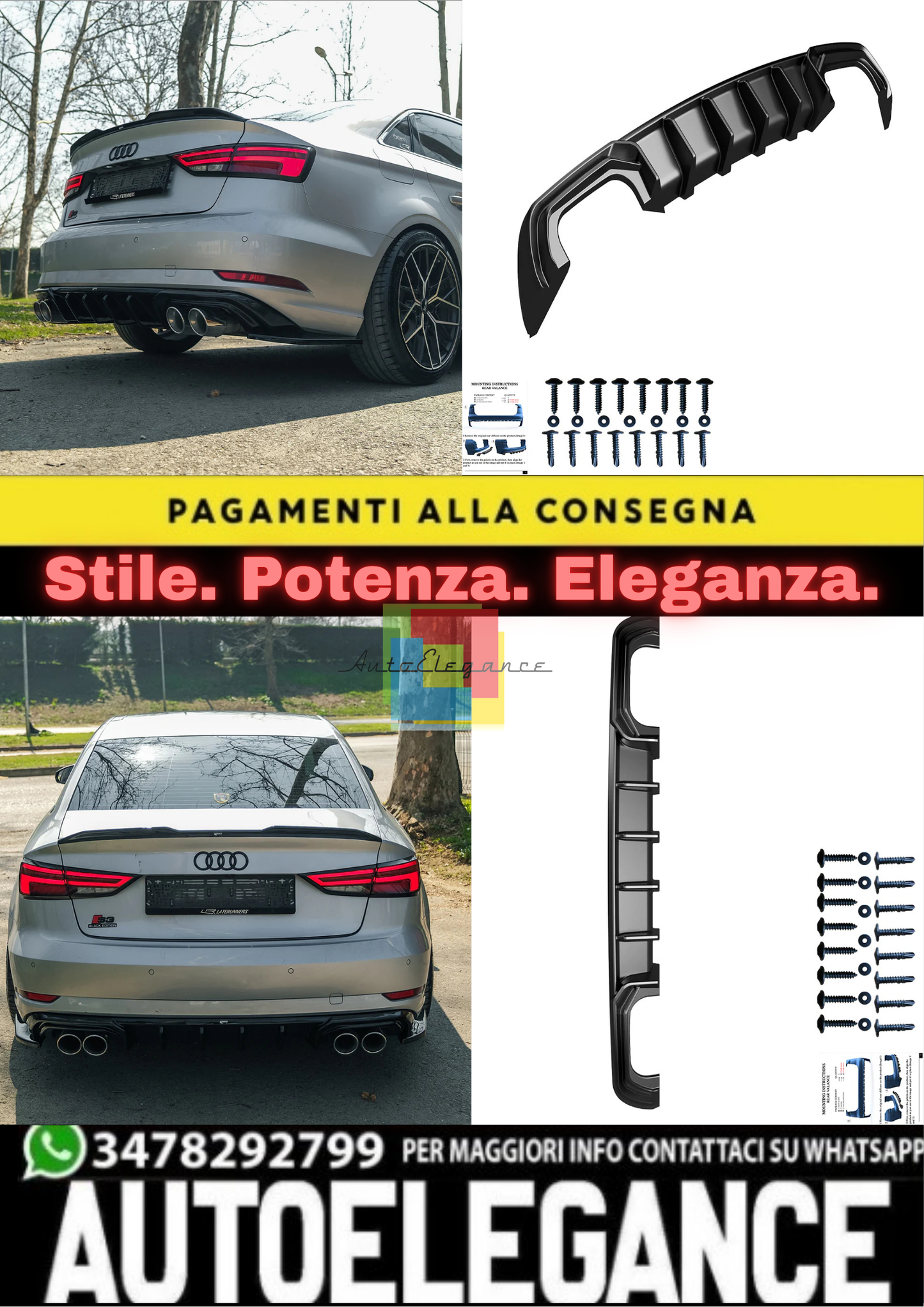 🔥REAR DIFFUSER ADATTO PER AUDI A3 SEDAN 8V FACELIFT 2016–2020🔥