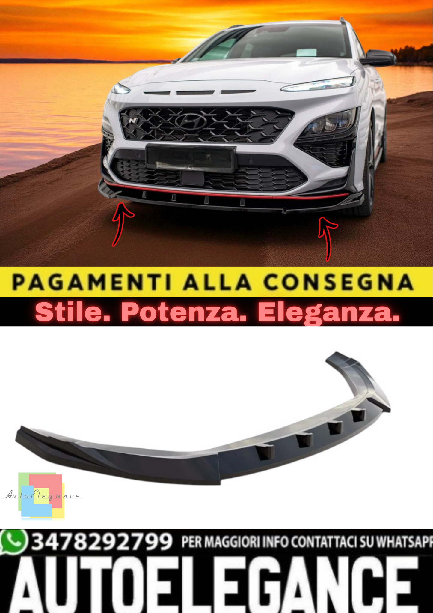🔥Splitter Anteriore V2 in ABS Nero Lucido per Hyundai Kona N MK1🔥