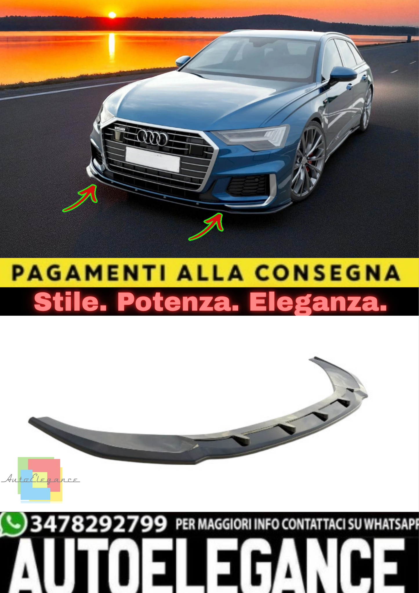 🔥Splitter Anteriore V2 in ABS Nero Lucido per Audi S6 / A6 S-Line C8 🔥