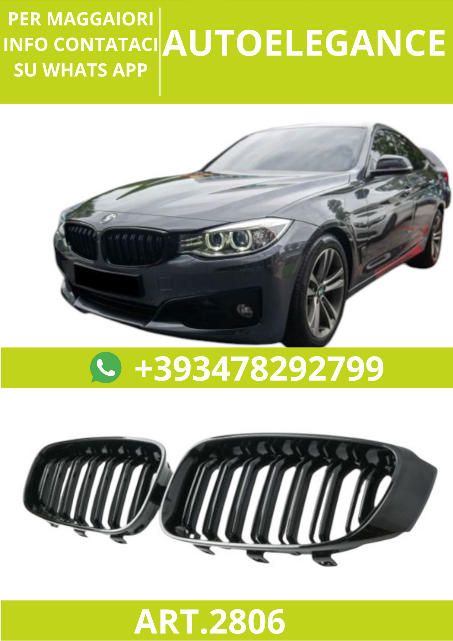 🔥ART.2806 Calandra Sport Doppia Lamella Nero Lucido per BMW 3 F34 GT🔥