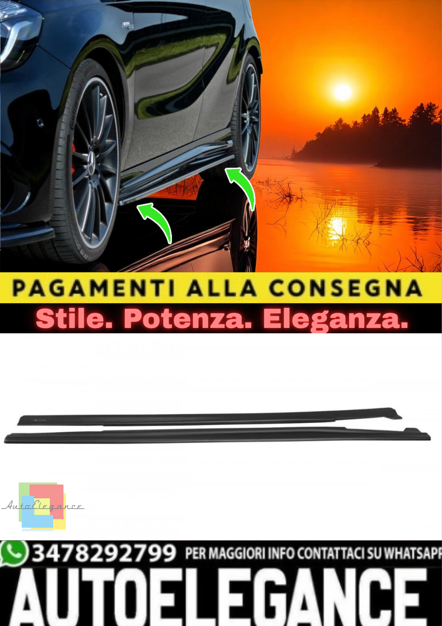 🔥SOTTO Minigonne Laterali in ABS Nero Lucido per Mercedes Classe A W176 AMG🔥