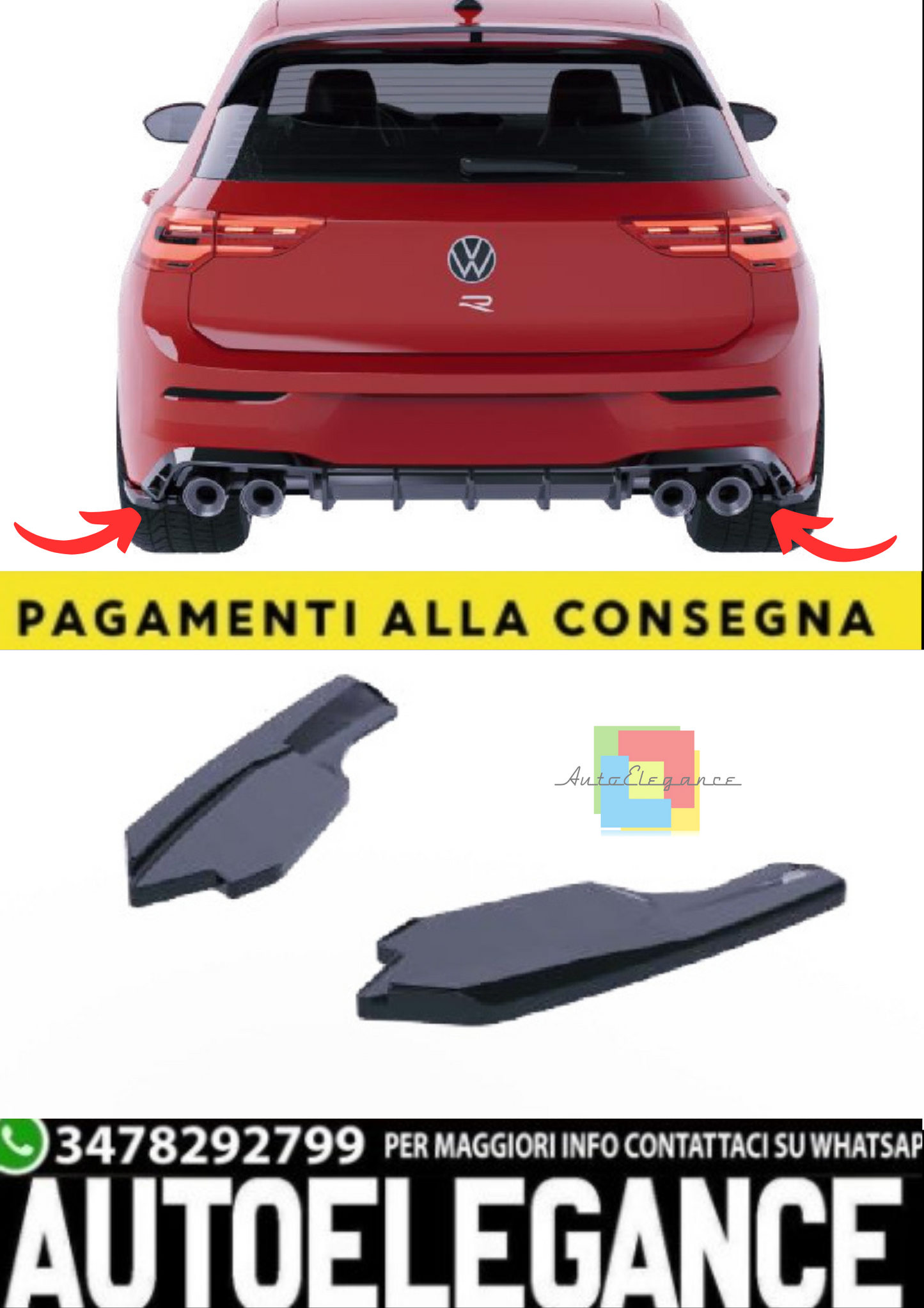 💫Rear Side Splitter (2 pezzi) per Volkswagen Golf Mk8 R (2020–2024) – Nero  💫