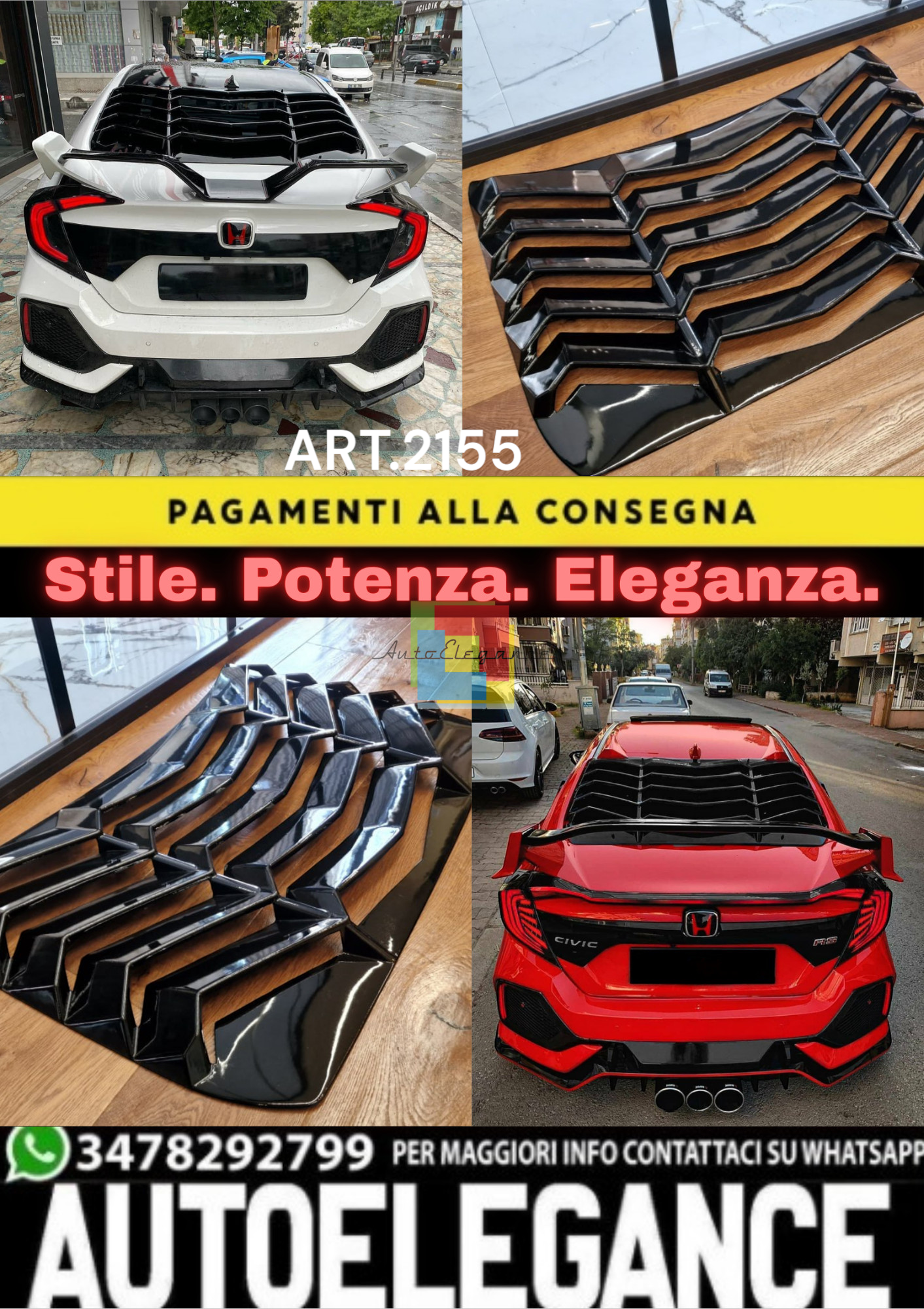 🔥2155 Honda Civic FC5 2016-2021 BERLINA Lunotto Louver NERO LUCIDO ABS🔥