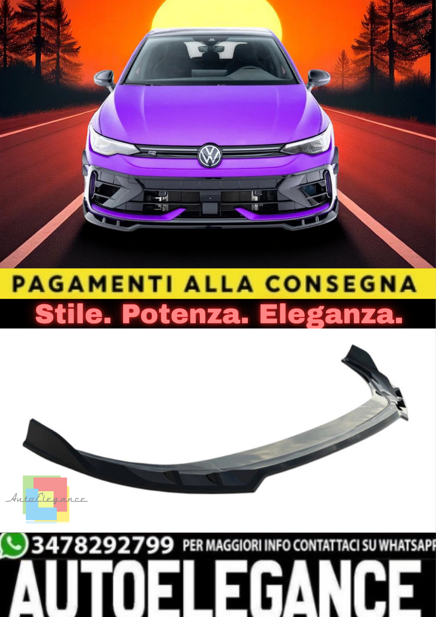 🔥Sdoppiatore Anteriore V1 per Volkswagen Golf R Mk8 Facelift – Nero Lucido 🔥