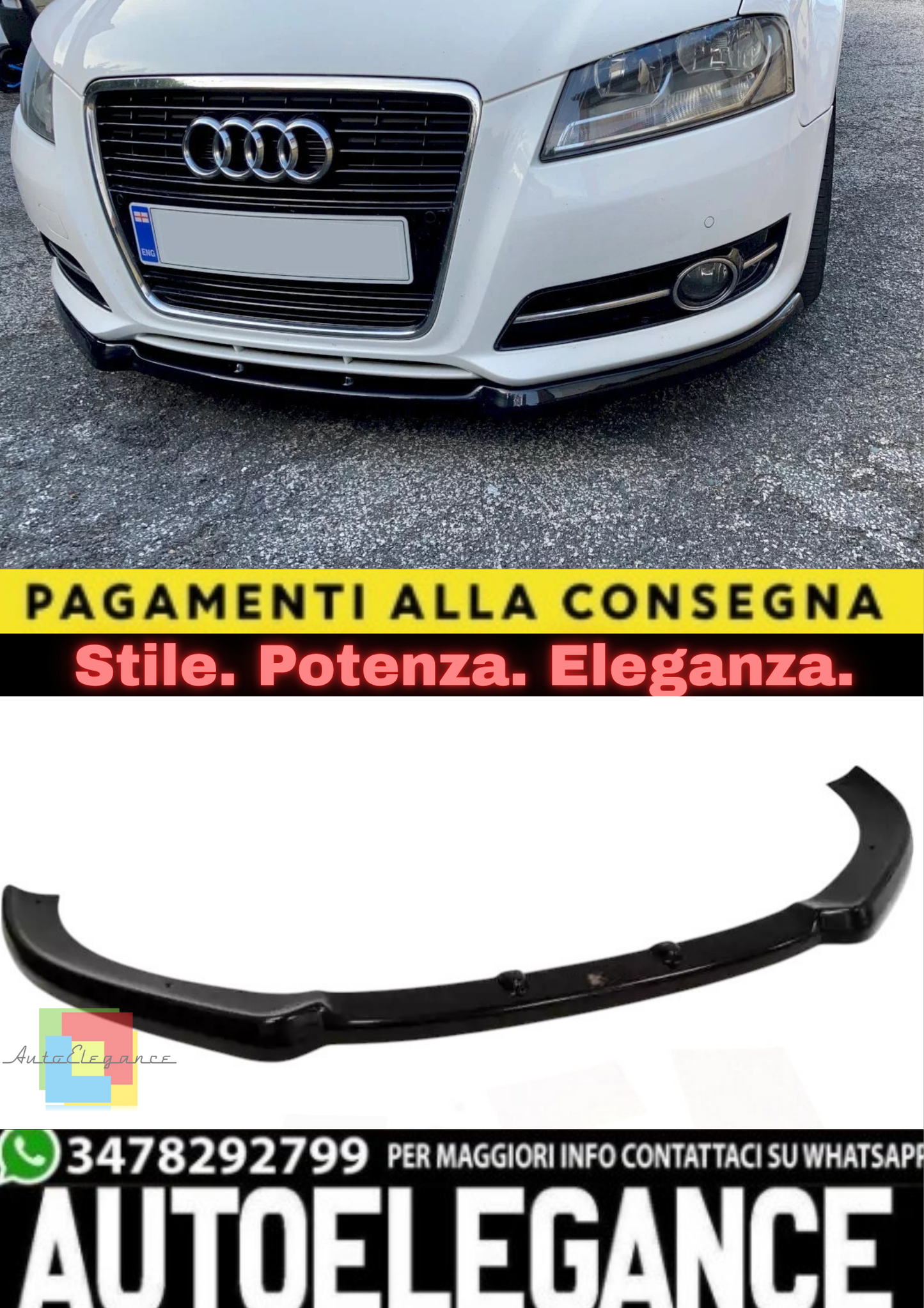 🔥Splitter Anteriore in ABS Nero Lucido per Audi A3 8P Restyling🔥