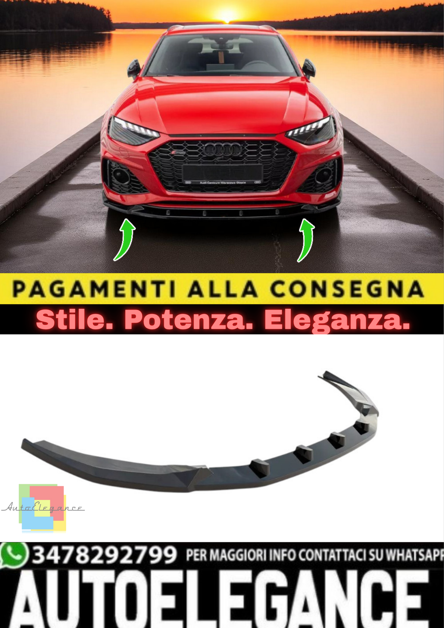 ✨Sdoppiatore Anteriore V2 in ABS Nero Lucido per Audi RS4 B9 Facelift✨