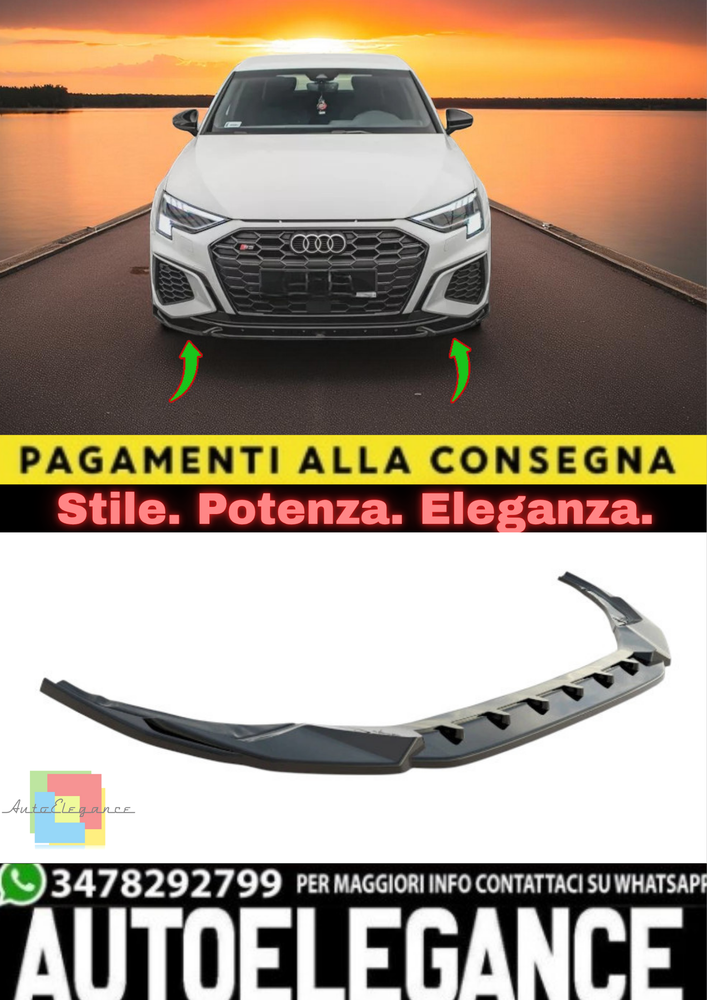 🔥Splitter Anteriore V3 in ABS Nero Lucido per Audi S3 / A3 S-Line 8Y  🔥