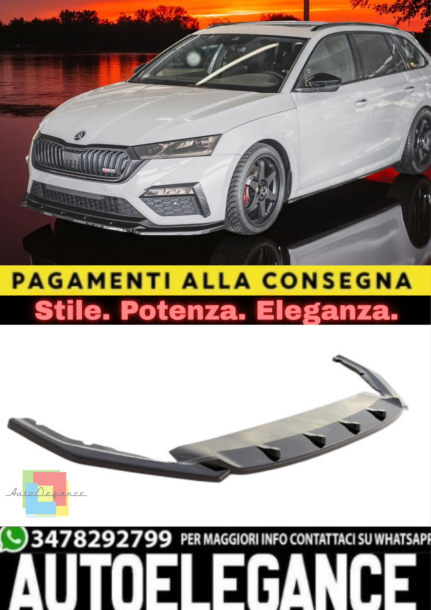 🔥Sdoppiatore Anteriore V3 in ABS Nero Lucido per Skoda Octavia RS MK4 (2020–)🔥