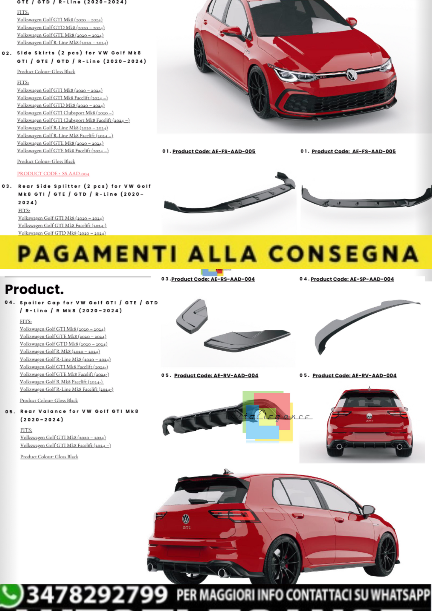 💫Body Kit Completo Nero Lucido per VW Golf Mk8 GTI / GTE / GTD / R-Line /💫