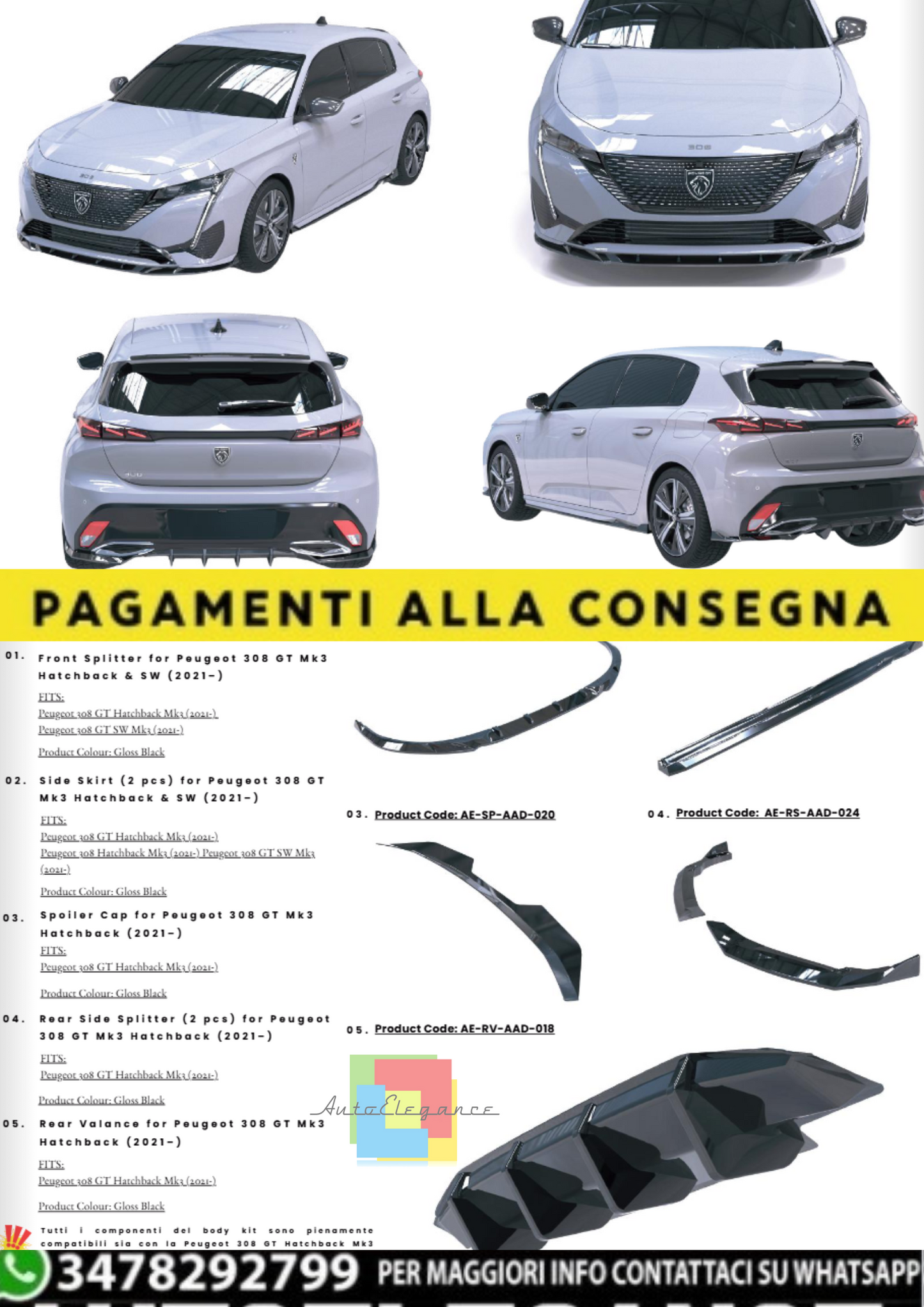 💫Body Kit Completo per Peugeot 308 GT Mk3 (Hatchback & SW) (2021–)Nero Lucido💫