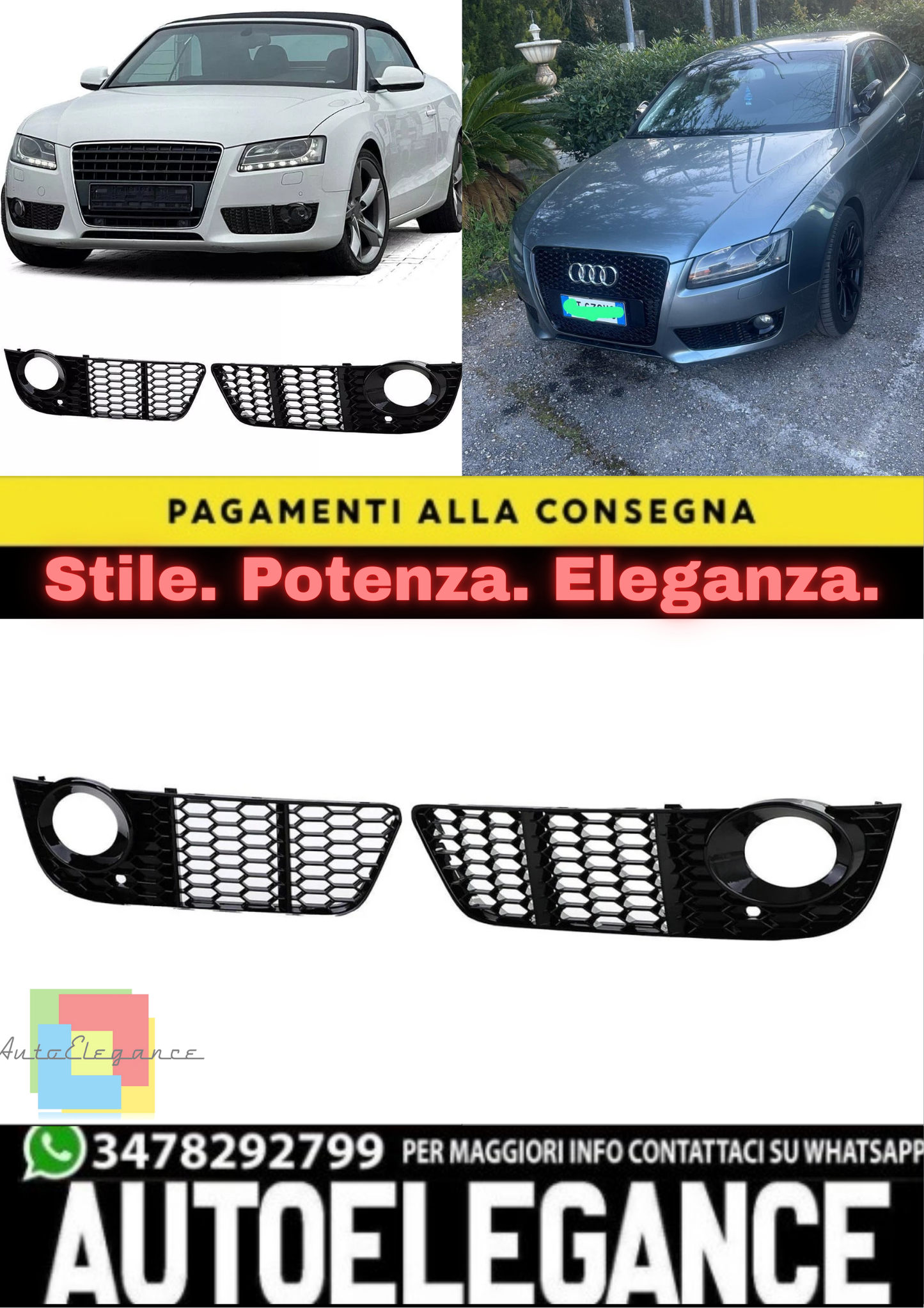 💎GRIGLIA FENDINEBBIA ADATTA PER AUDI A5 2007-2011 LOOK RS NERO LUCIDO💎