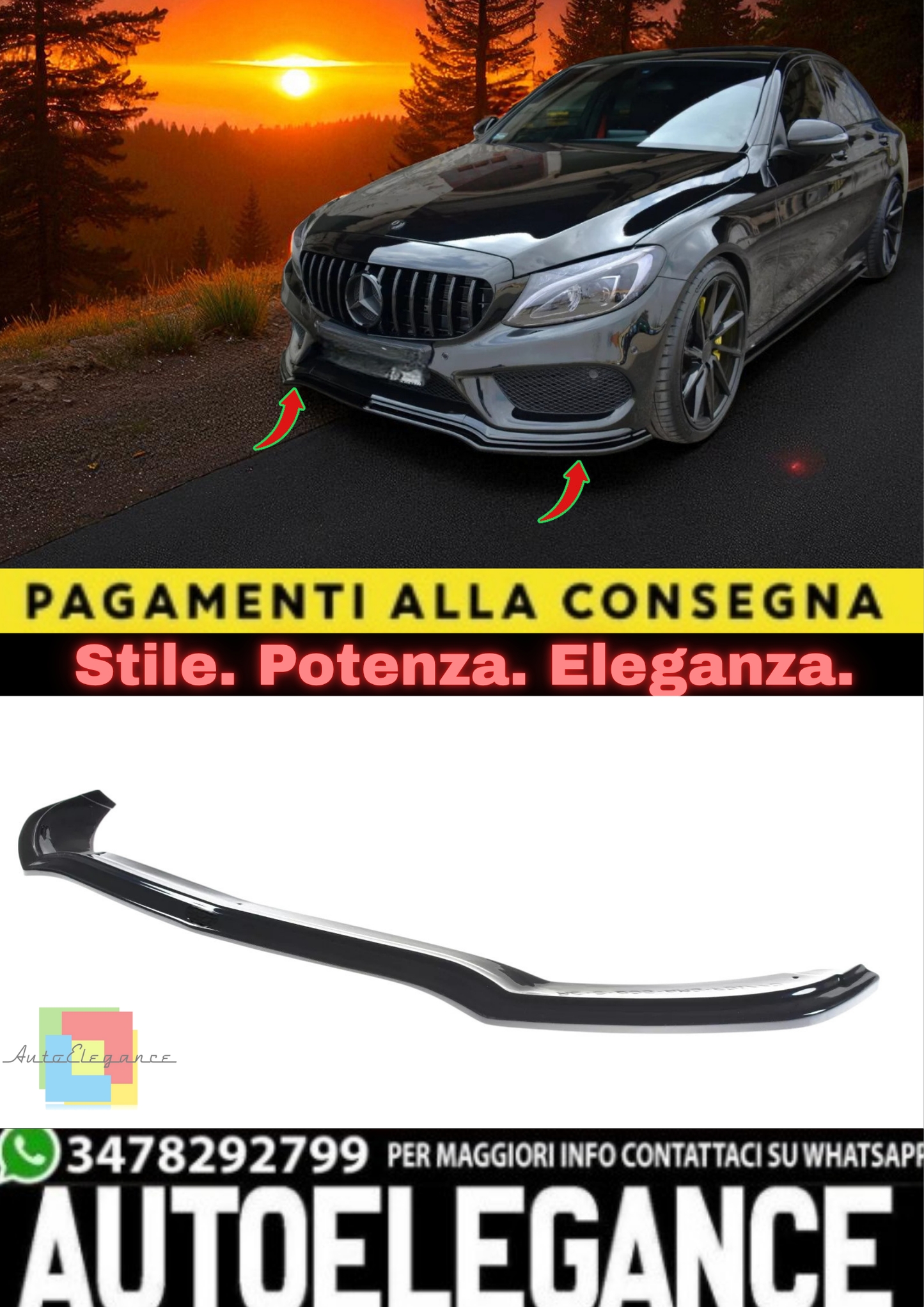 🔥Sdoppiatore Anteriore V1 in ABS Nero Lucido per Mercedes C43 AMG W205 Berlina🔥